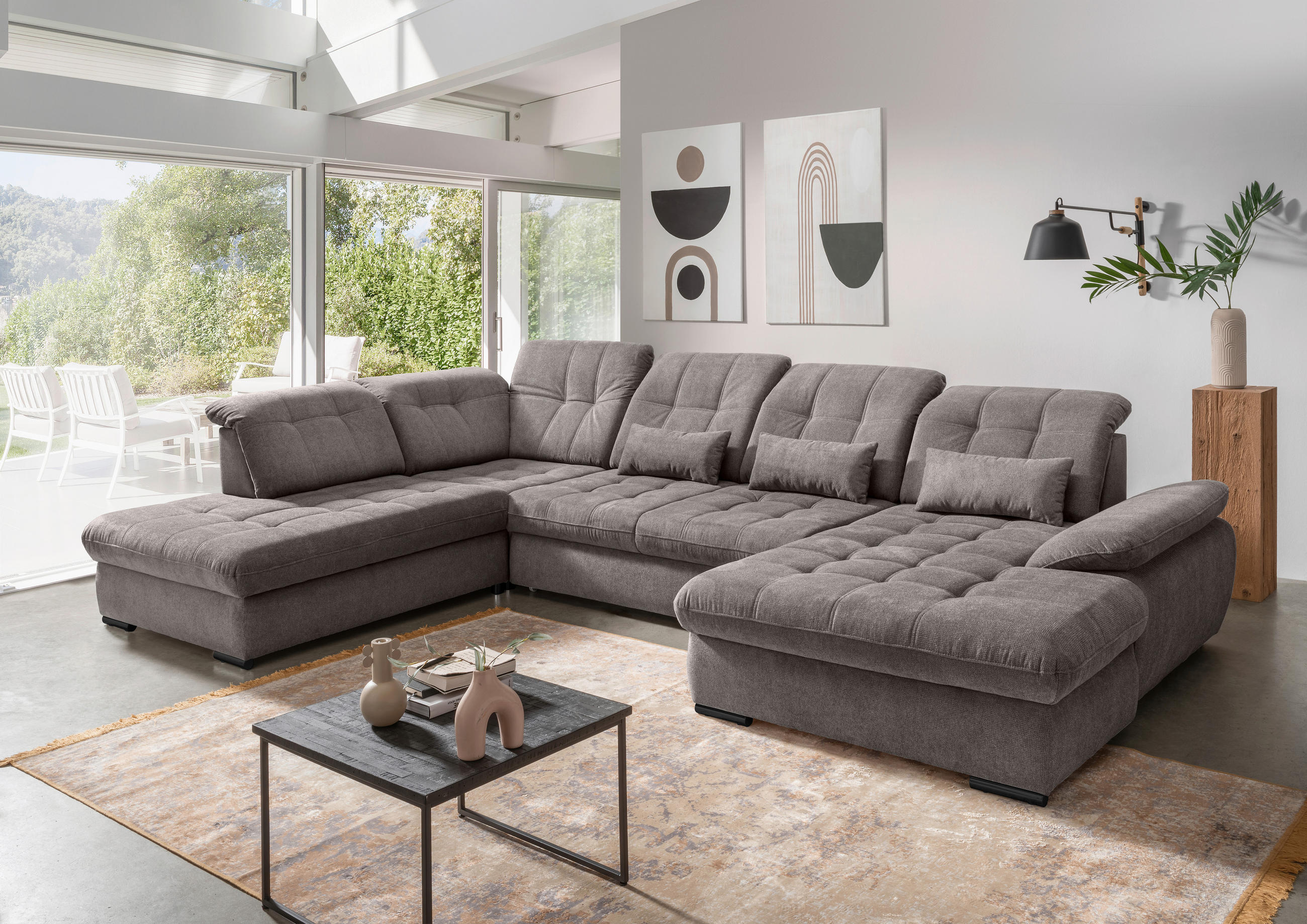 WOHNLANDSCHAFT in Chenille Graubraun  - Graubraun/Schwarz, Modern, Textil/Metall (252/387/184cm) - Livetastic