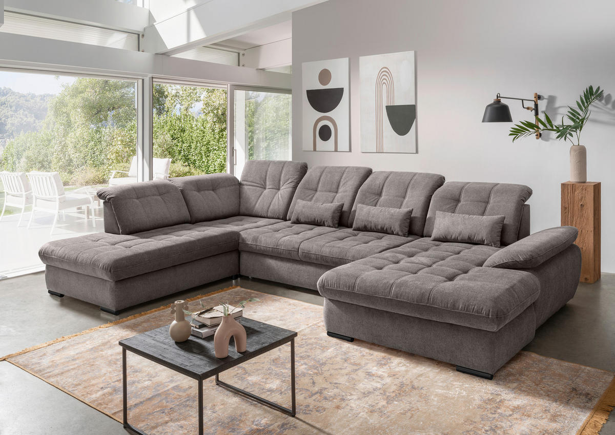 WOHNLANDSCHAFT Graubraun Chenille  - Graubraun/Schwarz, MODERN, Textil/Metall (252/387/184cm) - Livetastic