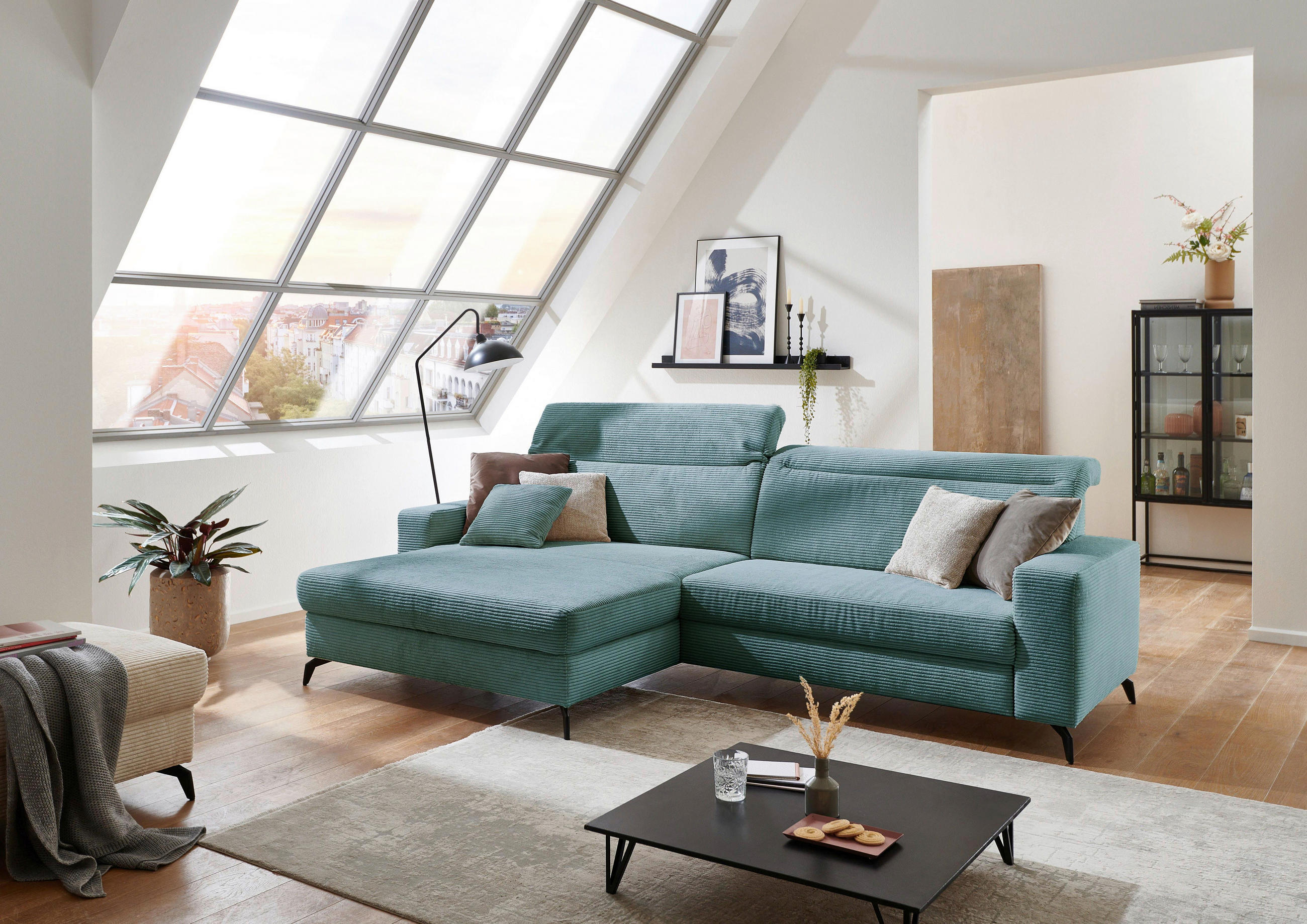 ECKSOFA in Cord Petrol - Petrol/Schwarz, Konventionell, Textil/Metall (178/290cm) - Sit & More