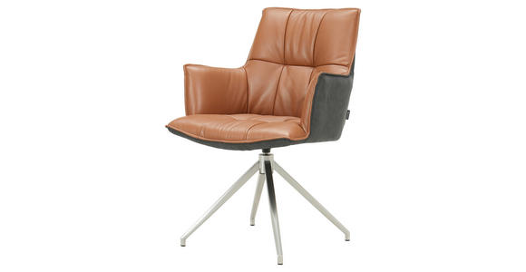 ARMLEHNSTUHL in Edelstahl, Eisen Mikrofaser Echtleder pigmentiert - Edelstahlfarben/Cognac, Design, Leder/Textil (60,5/89,5/63cm) - Novel