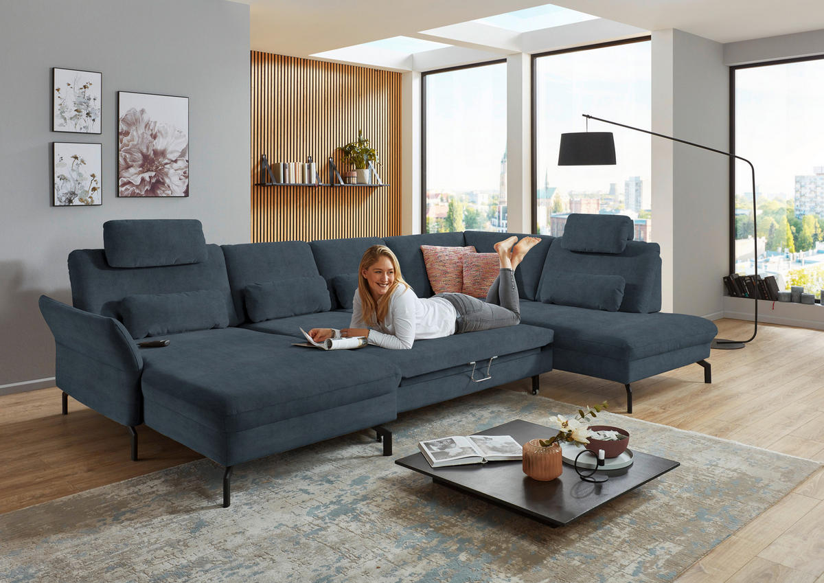 WOHNLANDSCHAFT in Velours Blaugrau  - Blaugrau/Schwarz, Design, Textil/Metall (179/335/220cm) - Beldomo System