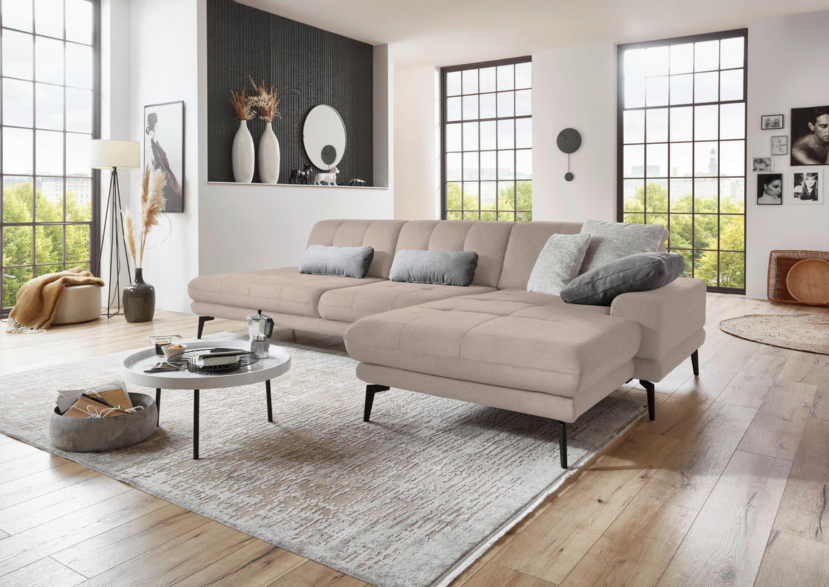 ECKSOFA in Flachgewebe Naturfarben  - Schwarz/Naturfarben, Design, Textil/Metall (309/190cm) - Beldomo Style