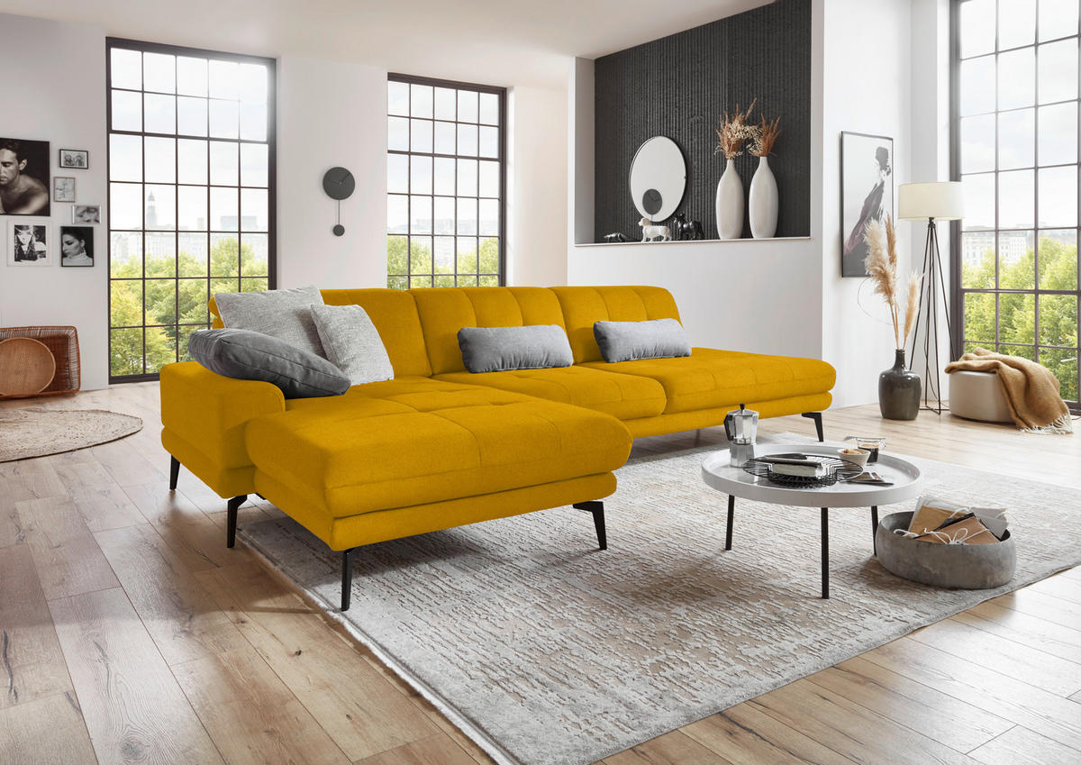 ECKSOFA in Flachgewebe Currygelb  - Currygelb/Schwarz, Design, Textil/Metall (190/309cm) - Beldomo Style