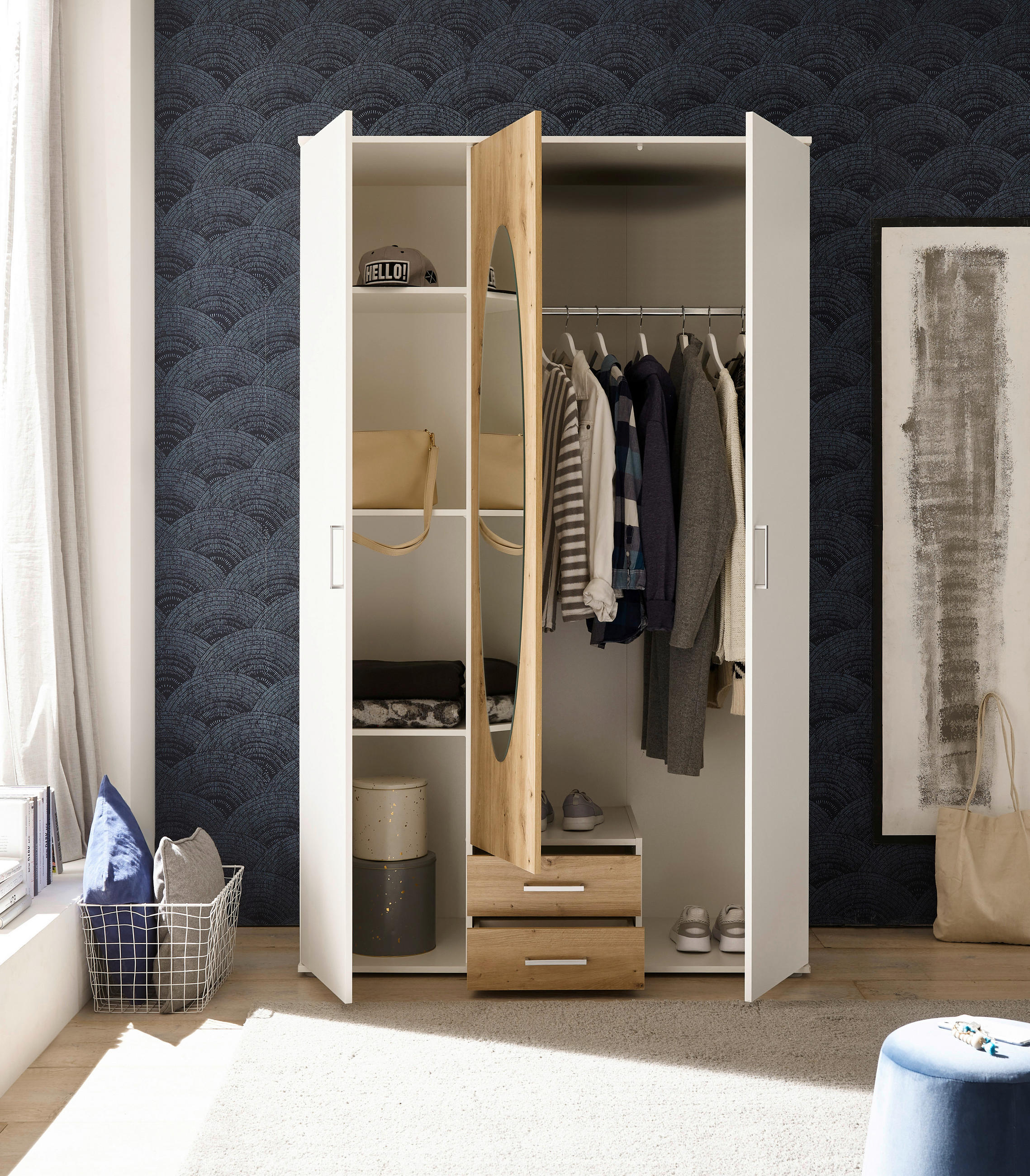 DREHTÜRENSCHRANK 120/195/55 cm 3-türig Weiß, Eiche Artisan  - Alufarben/Weiß, ROMANTIK / LANDHAUS, Glas/Holzwerkstoff (120/195/55cm) - P & B
