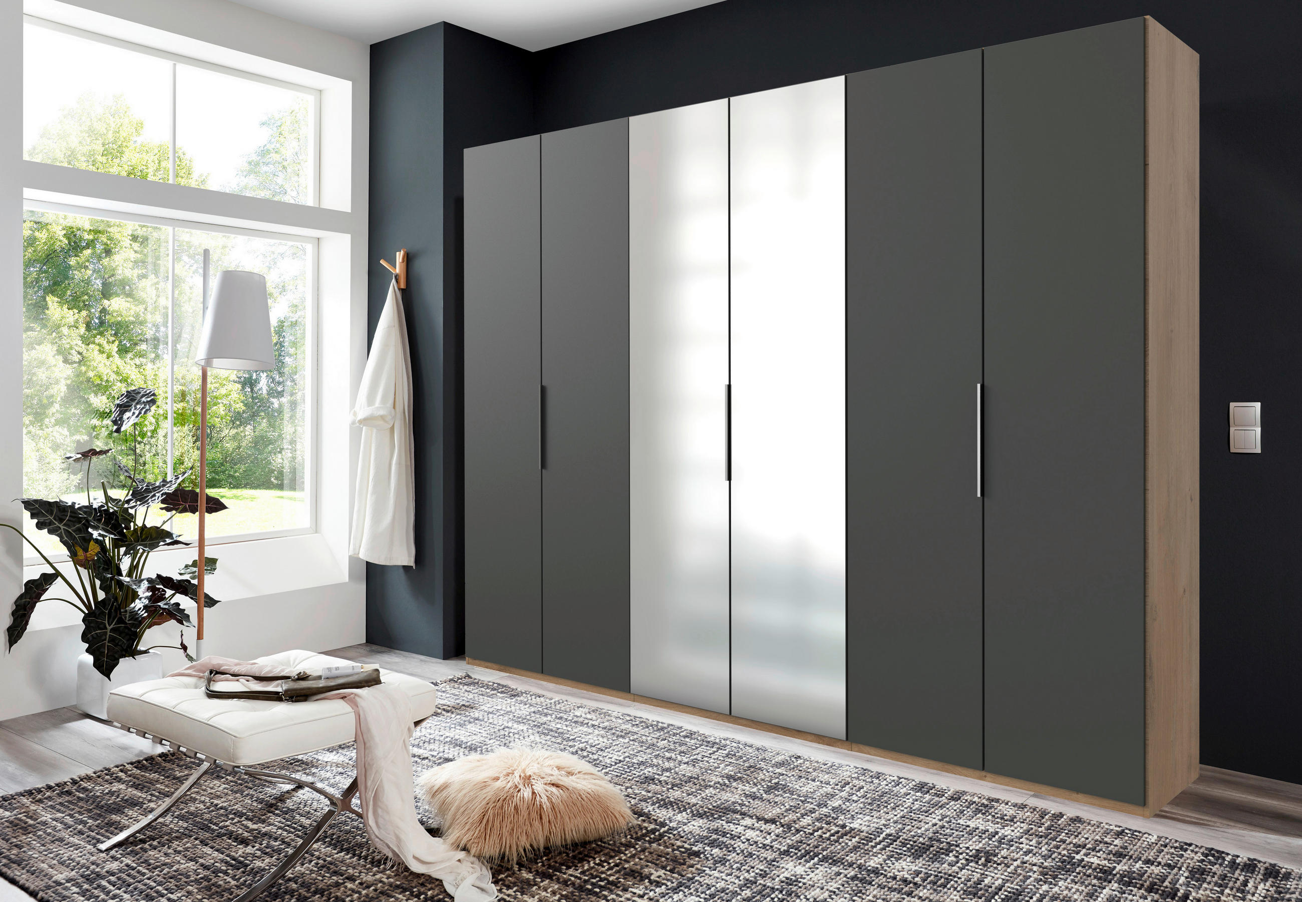 DREHTÜRENSCHRANK 300/236/58 cm 6-türig Graphitfarben, Eichefarben  - Chromfarben/Eichefarben, MODERN, Holzwerkstoff (300/236/58cm) - MID.YOU