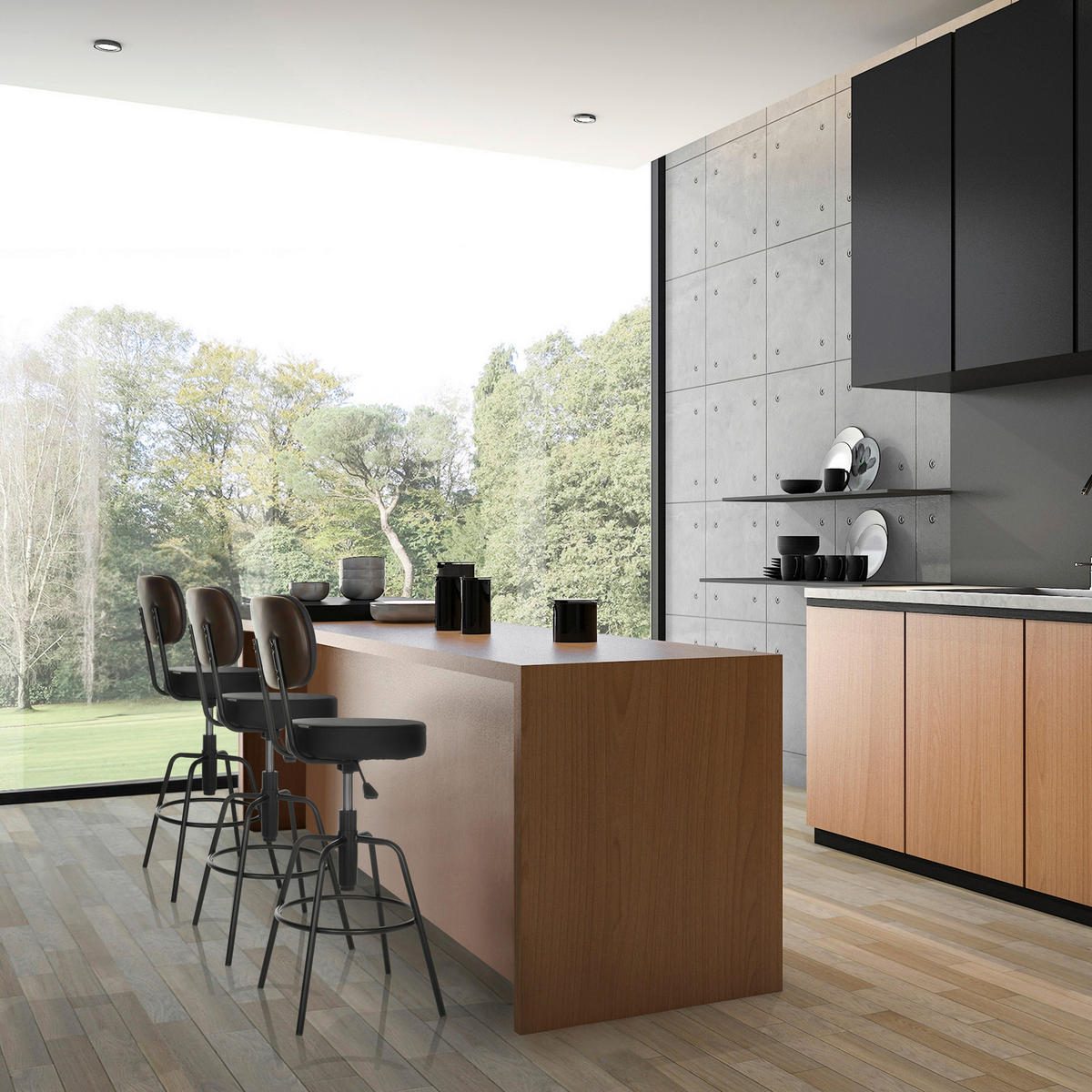 BARHOCKER Lederlook Schwarz Sitzfläche 360° drehbar  - Schwarz, Basics, Leder/Metall (43/103-113/43cm) - MID.YOU