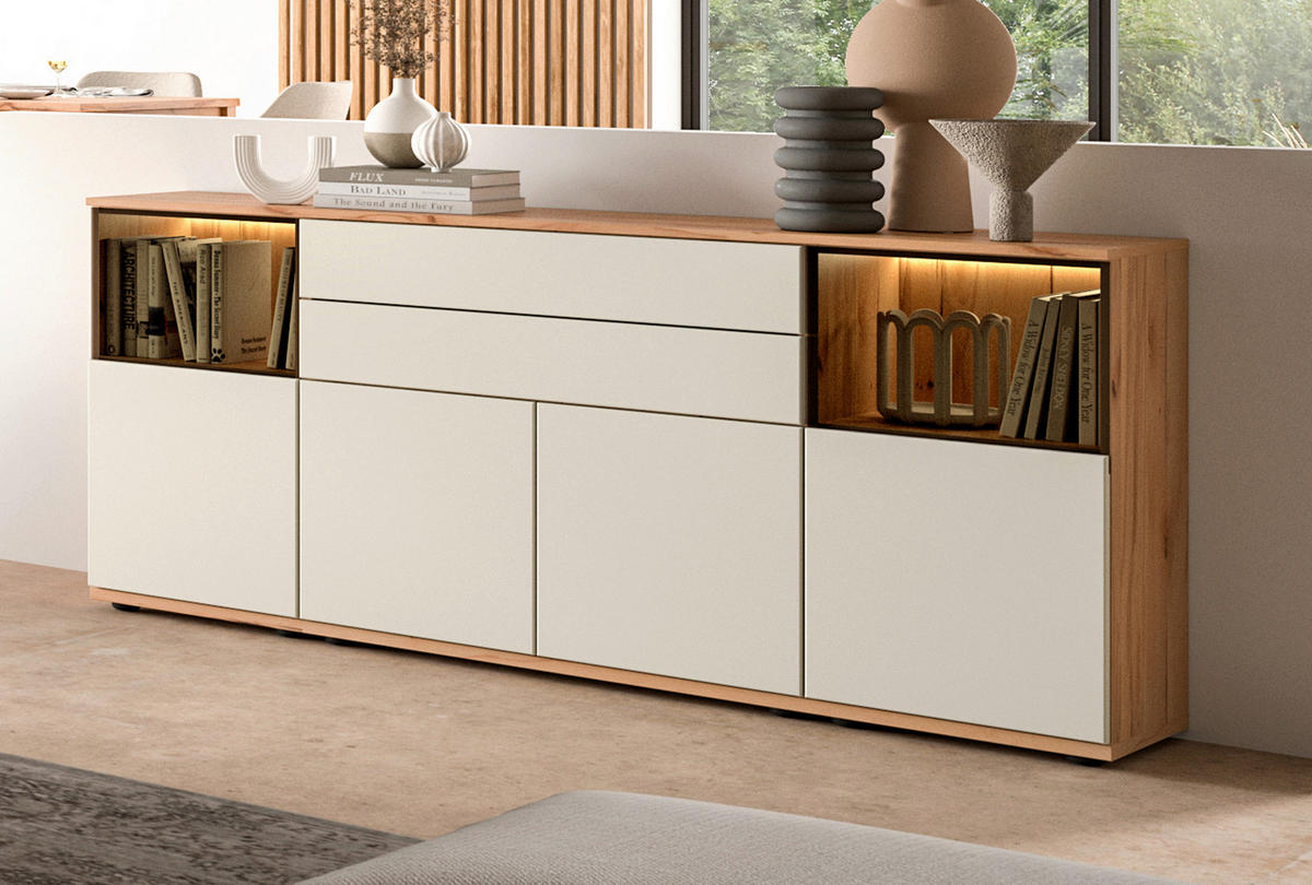 SIDEBOARD Buchefarben, Beige  180/85/40 cm  - Beige/Buchefarben, KONVENTIONELL, Glas/Holzwerkstoff (180/85/40cm) - Venda