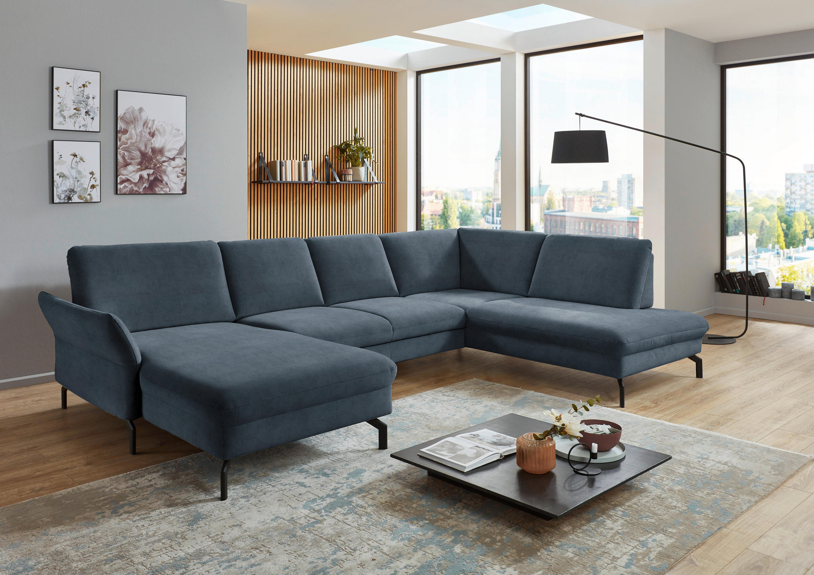 WOHNLANDSCHAFT Blaugrau Velours  - Blaugrau/Schwarz, Design, Textil/Metall (179/335/220cm) - Beldomo System