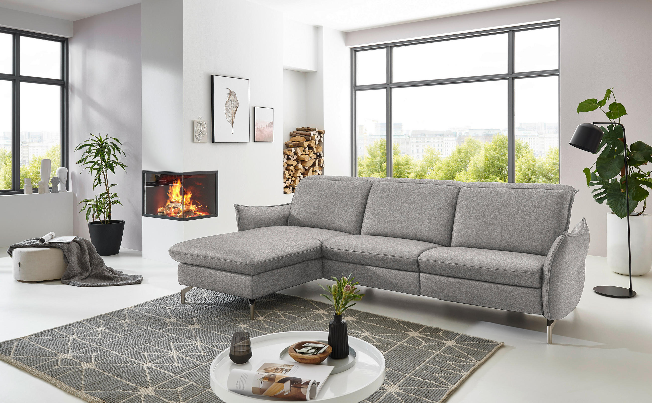 Thumbnail - Livetastic Ecksofa, Grau, Weiß, Textil, 4-Sitzer, Ottomane links, L-Form, 233x179 cm, Hocker erhältlich, motorische Rela...