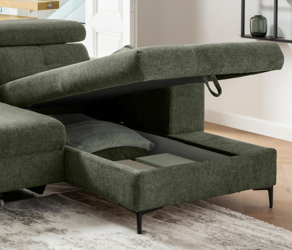 ECKSOFA Chenille Dunkelgrün  - Dunkelgrün/Schwarz, Basics, Textil/Metall (270/186cm) - Livetastic