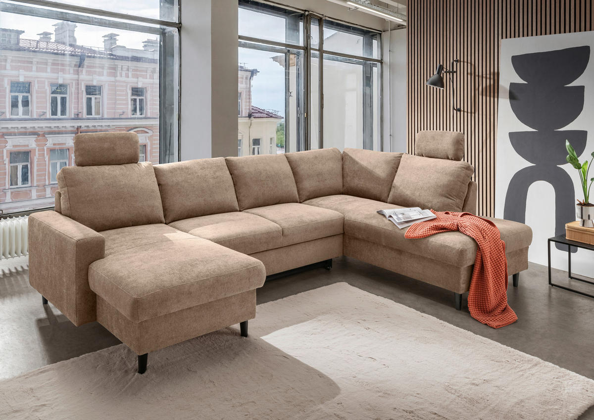 WOHNLANDSCHAFT Chenille Hellbraun  - Hellbraun/Schwarz, Modern, Holz/Textil (153/305/200cm) - Livetastic