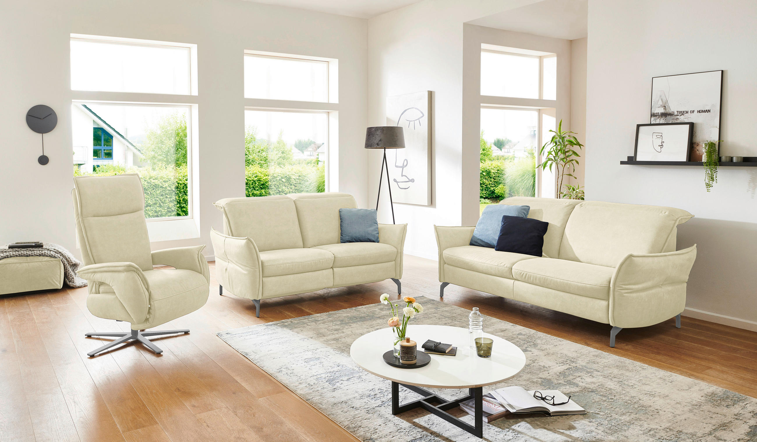 Thumbnail - Livetastic 2,5-Sitzer, Creme, Leder, Echtleder, Nappaleder, 185x89x109 cm, Made in EU, Hocker erhältlich, Armteil links,...