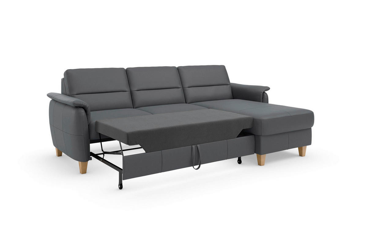 ECKSOFA PALMERA E Schwarz Kombination Echtleder/Stoff Mikrofaser Bettkasten  - Eichefarben/Schwarz, Basics, Leder/Holz (244/163cm) - Sit & More