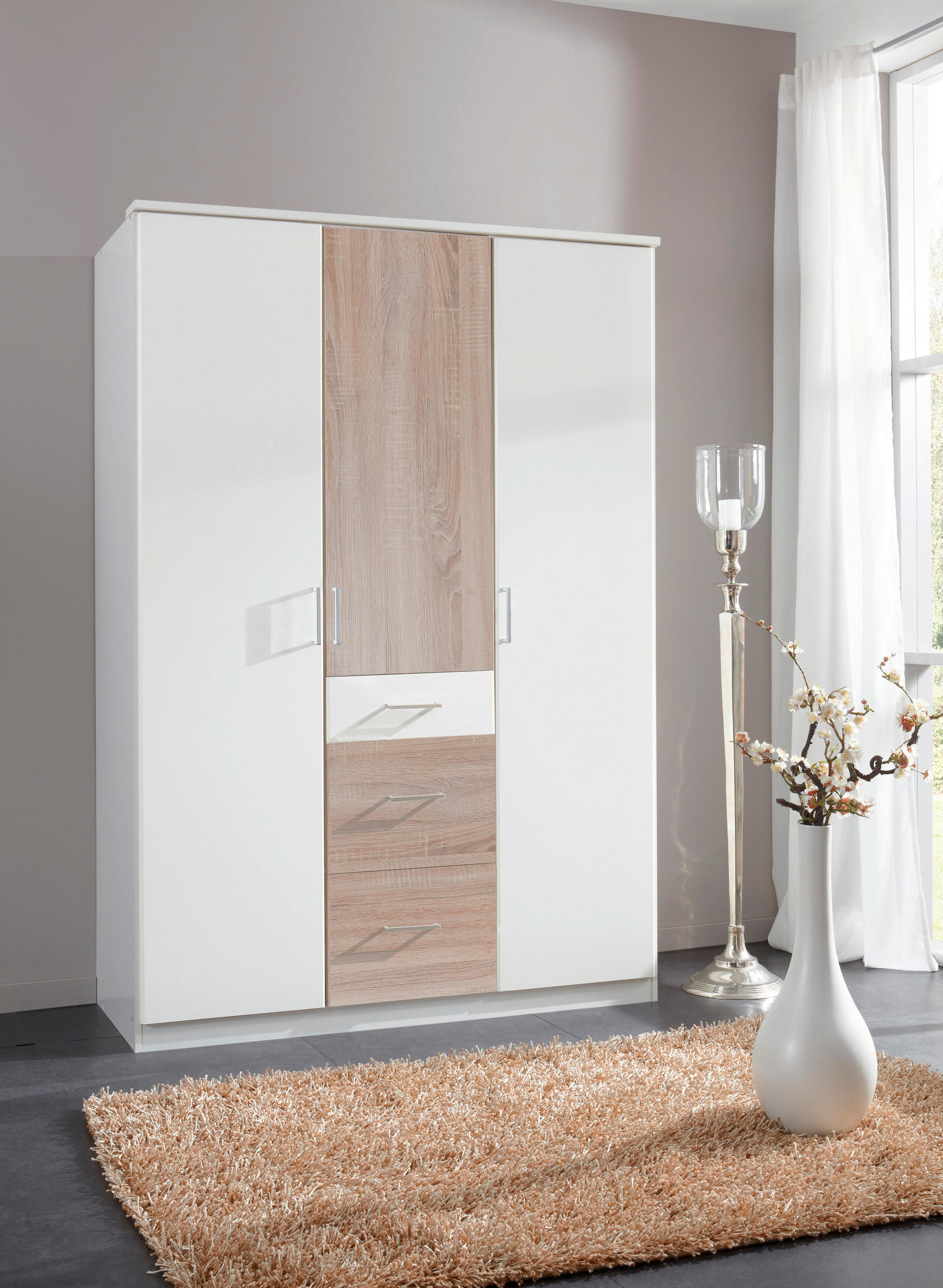 OMARA S KLASIČNIMI VRATI, bela, barve hrasta  - srebrne barve/barve hrasta, Design, umetna masa/leseni material (135/199/58cm) - Boxxx