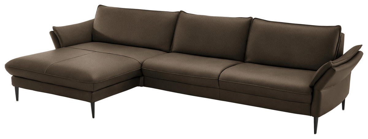 ECKSOFA in Echtleder Dunkelbraun  - Dunkelbraun/Schwarz, Design, Leder/Metall (172/334cm) - Hukla