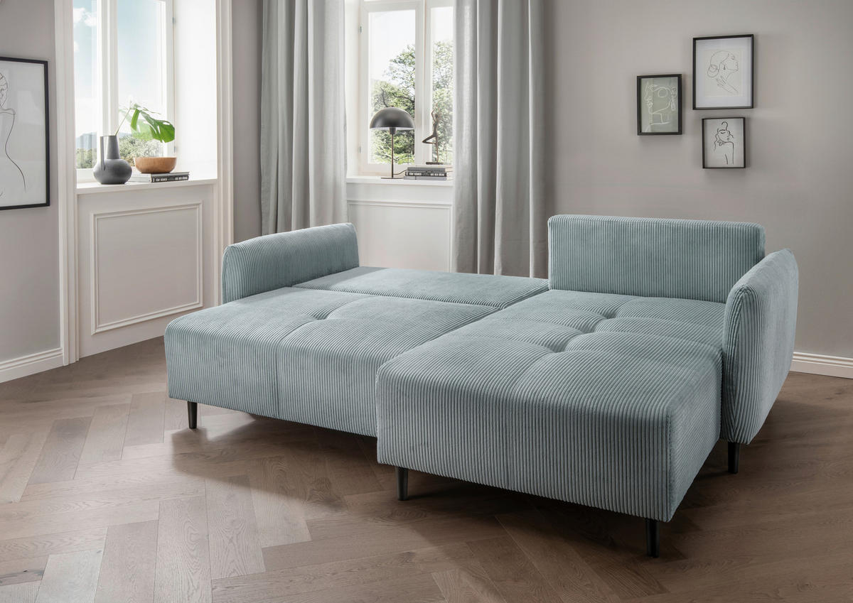 ECKSCHLAFSOFA in Cord Hellblau  - Schwarz/Hellblau, Basics, Holz/Textil (238/174cm) - Livetastic