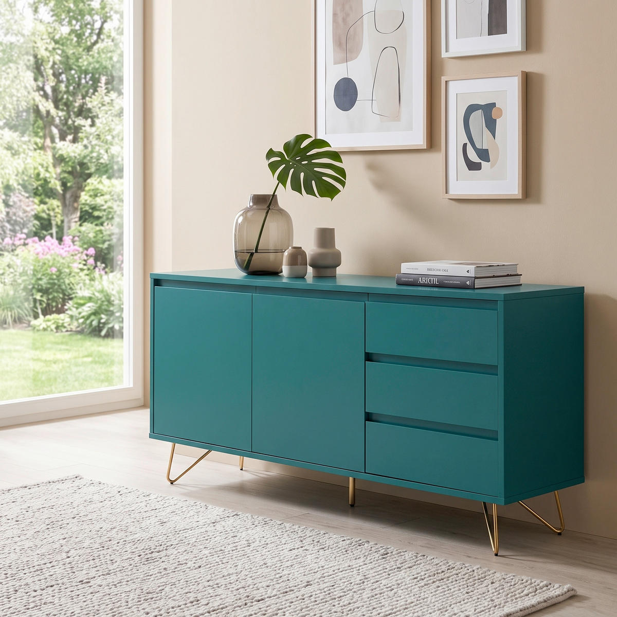Comodă Cu Uși 150/70/40 cm  - albastru/alămiu, Design, metal/material pe bază de lemn (150/70/40cm) - Livetastic