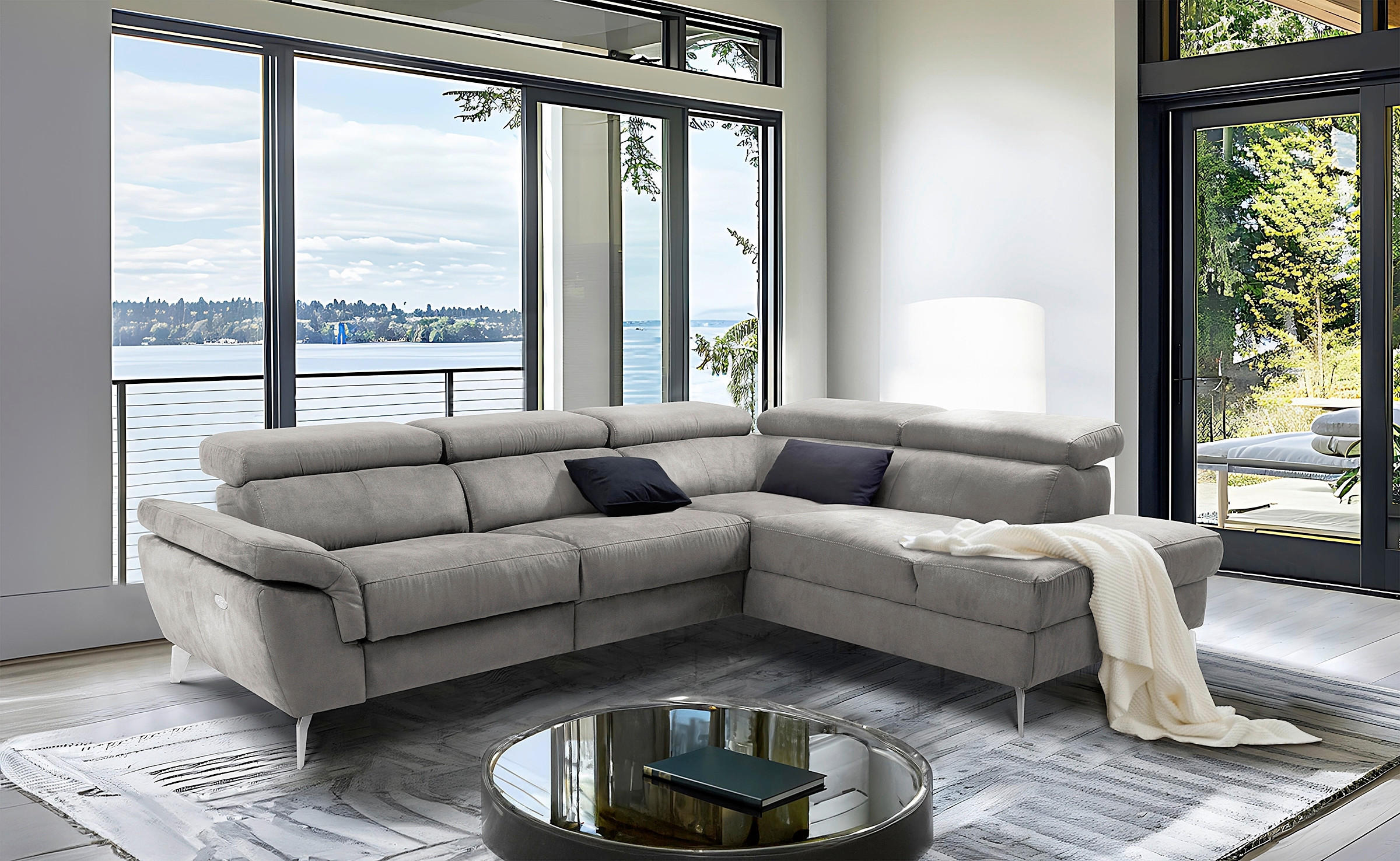 ECKSOFA Lederlook Anthrazit  - Chromfarben/Anthrazit, Design, Textil/Metall (265/210cm) - Livetastic