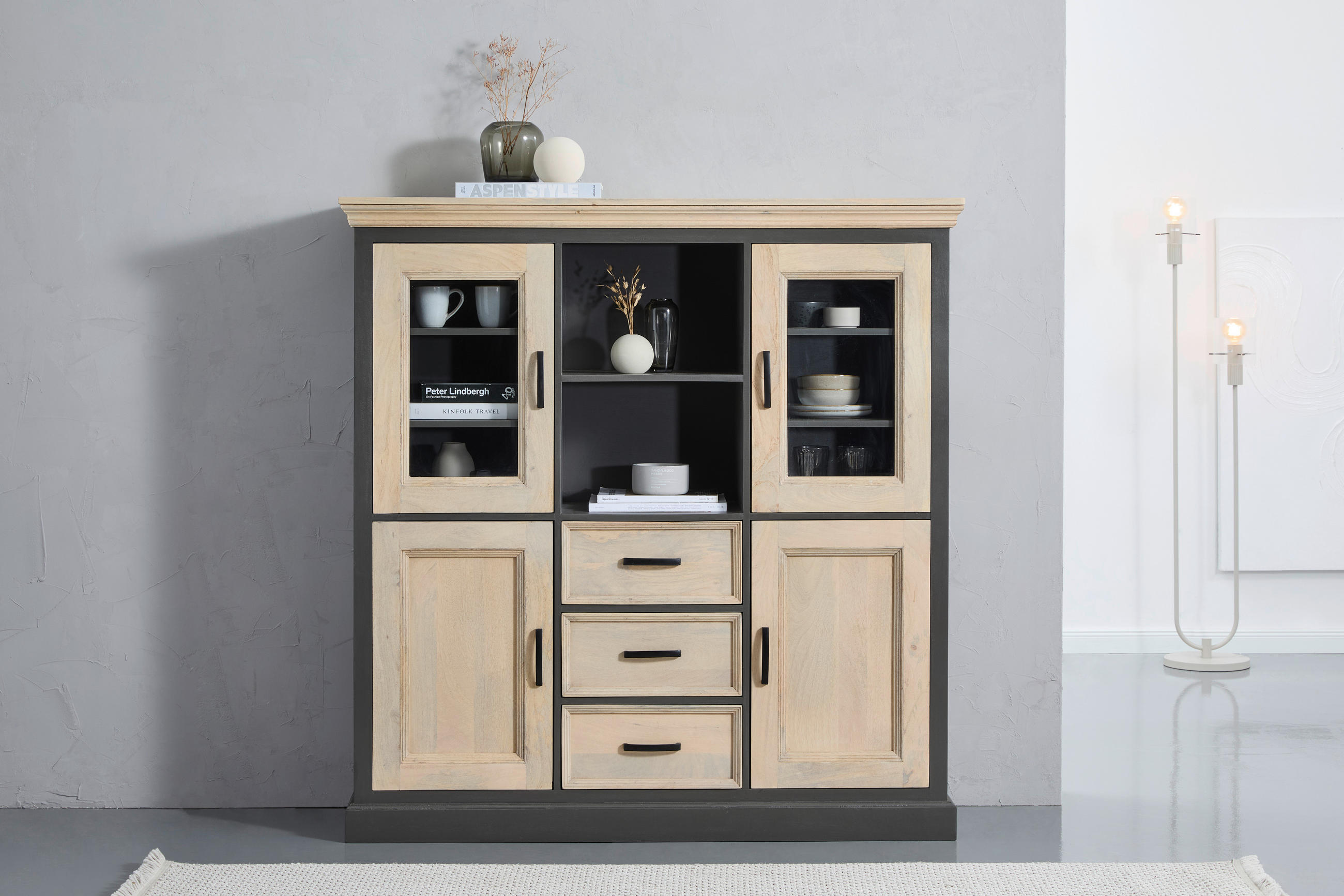 HIGHBOARD Kigali  in 140/145/40 cm  - Schwarz/Naturfarben, Natur, Glas/Holz (140/145/40cm) - Livetastic