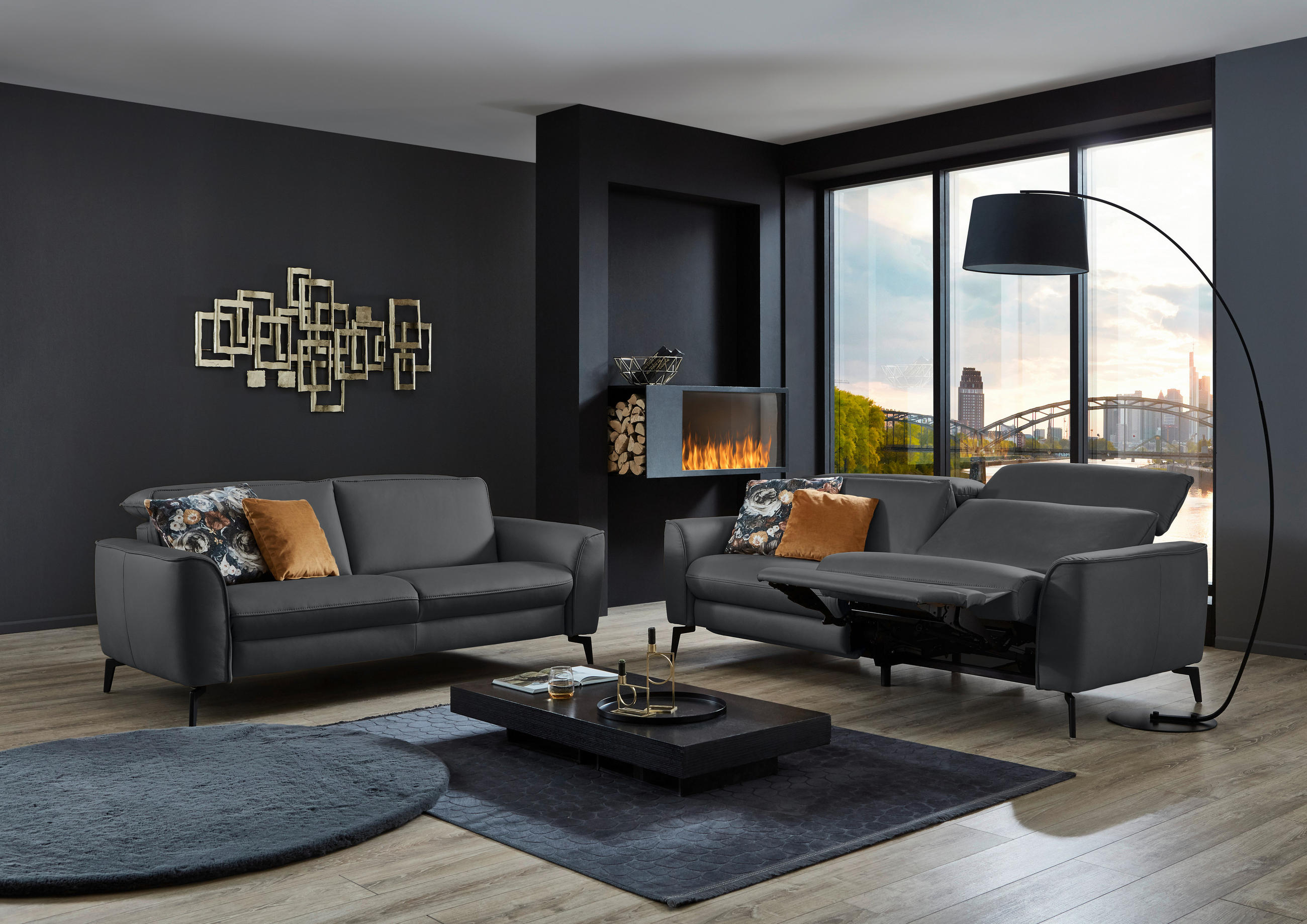 3-SITZER-SOFA in Echtleder Schieferfarben  - Schieferfarben/Schwarz, Natur, Leder/Metall (222/81/110cm) - Valdera