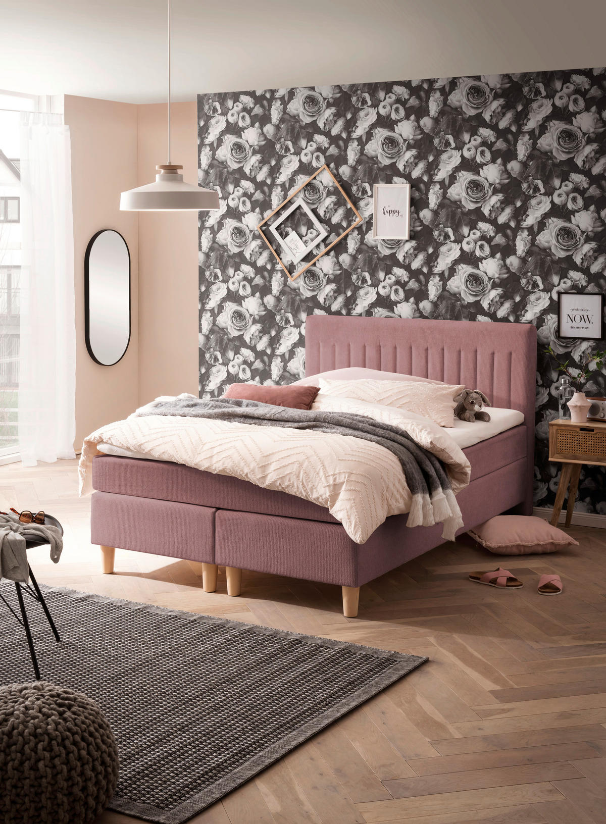 BOXSPRINGBETT 140/200 cm  in Rosa  - Buchefarben/Rosa, Basics, Holz/Textil (140/200cm) - Boxxx