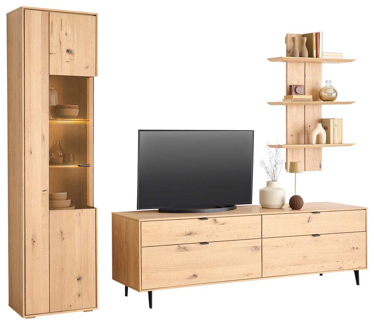 WOHNWAND  in Eichefarben 267/205/50 cm  - Eichefarben/Schwarz, Natur, Glas/Holz (267/205/50cm) - Cantus