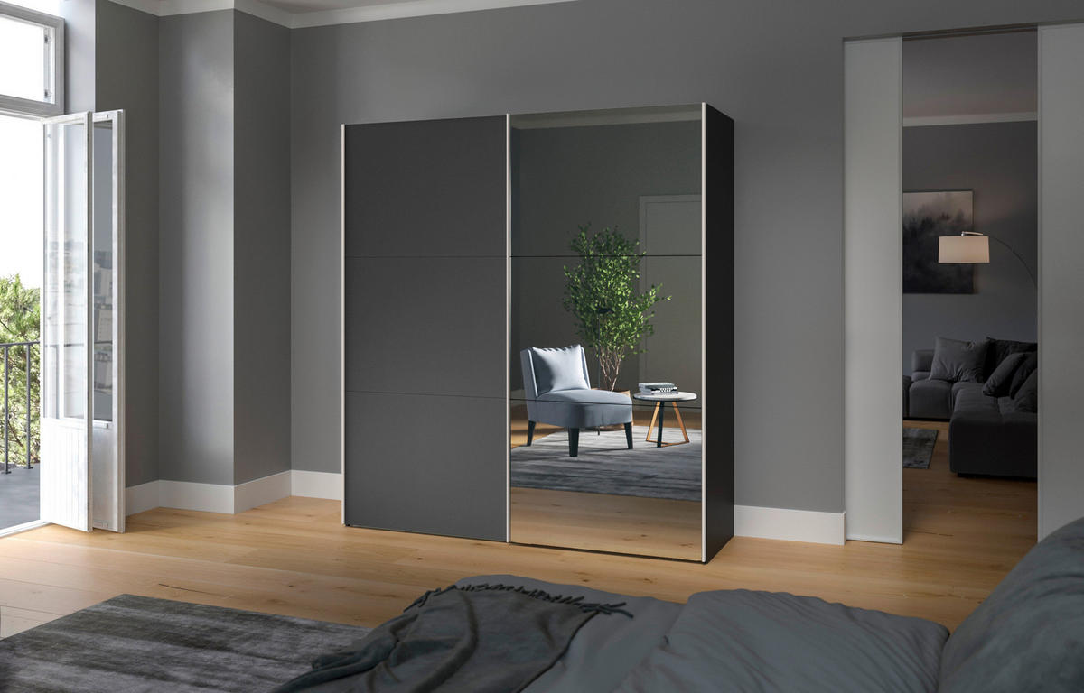 SCHWEBETÜRENSCHRANK  in Anthrazit, Schwarz  - Edelstahlfarben/Anthrazit, Design, Glas/Holzwerkstoff (203/195/65cm) - Carryhome