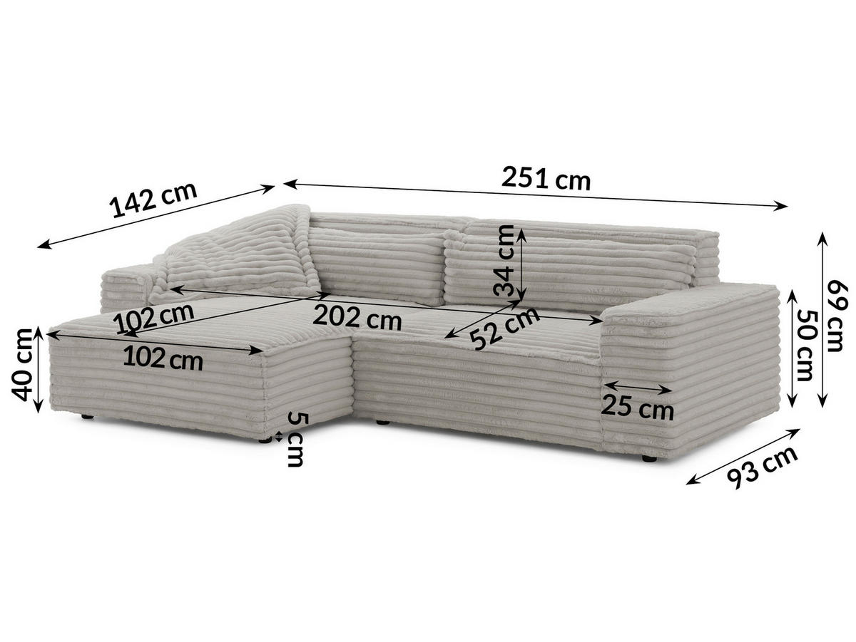 ECKSOFA Cord Grau  - Schwarz/Grau, Design, Kunststoff/Textil (251/142cm) - P & B