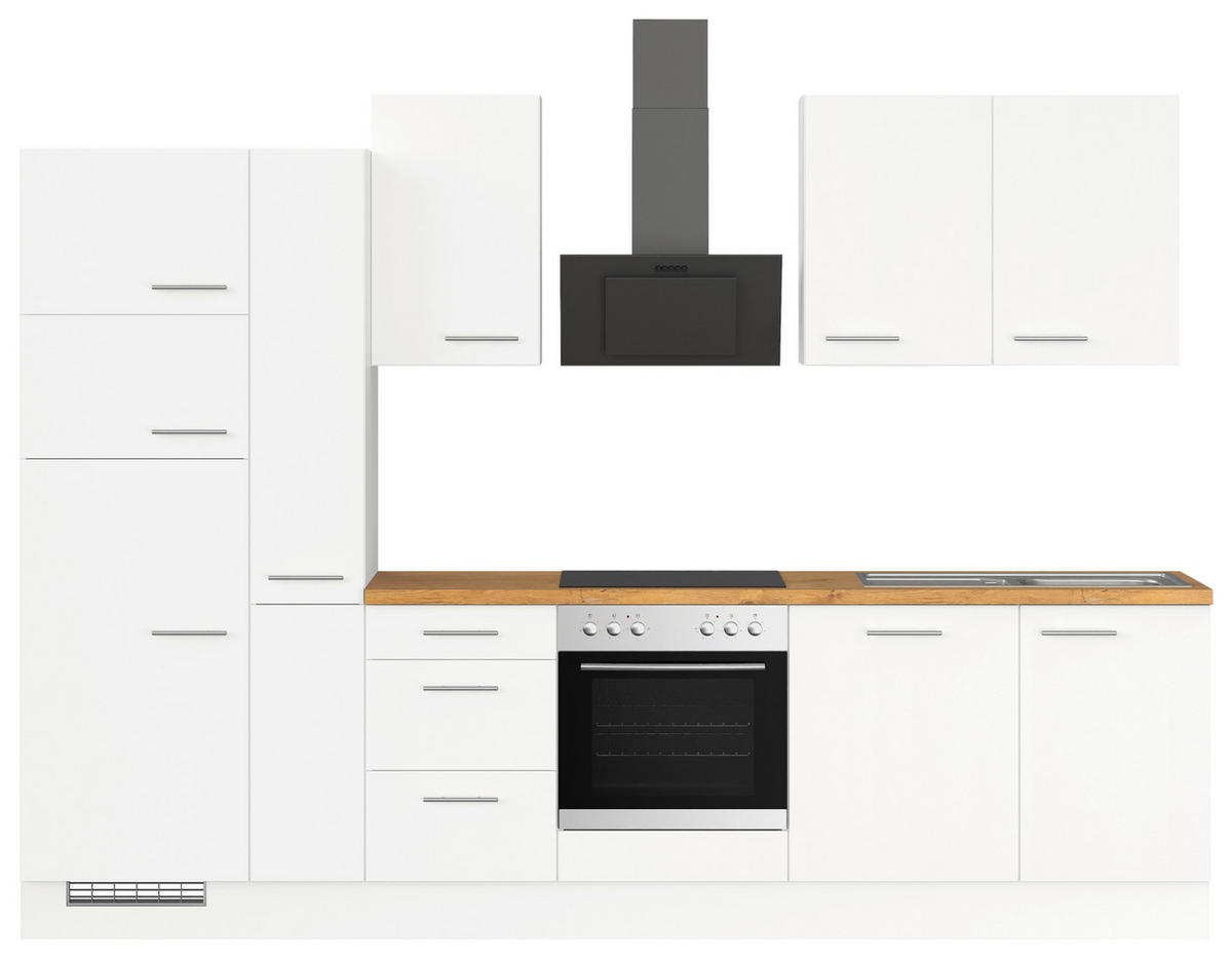 KÜCHENBLOCK 310 cm   in Weiß  - Eichefarben/Silberfarben, Trend, Holzwerkstoff/Metall (310cm) - Impuls