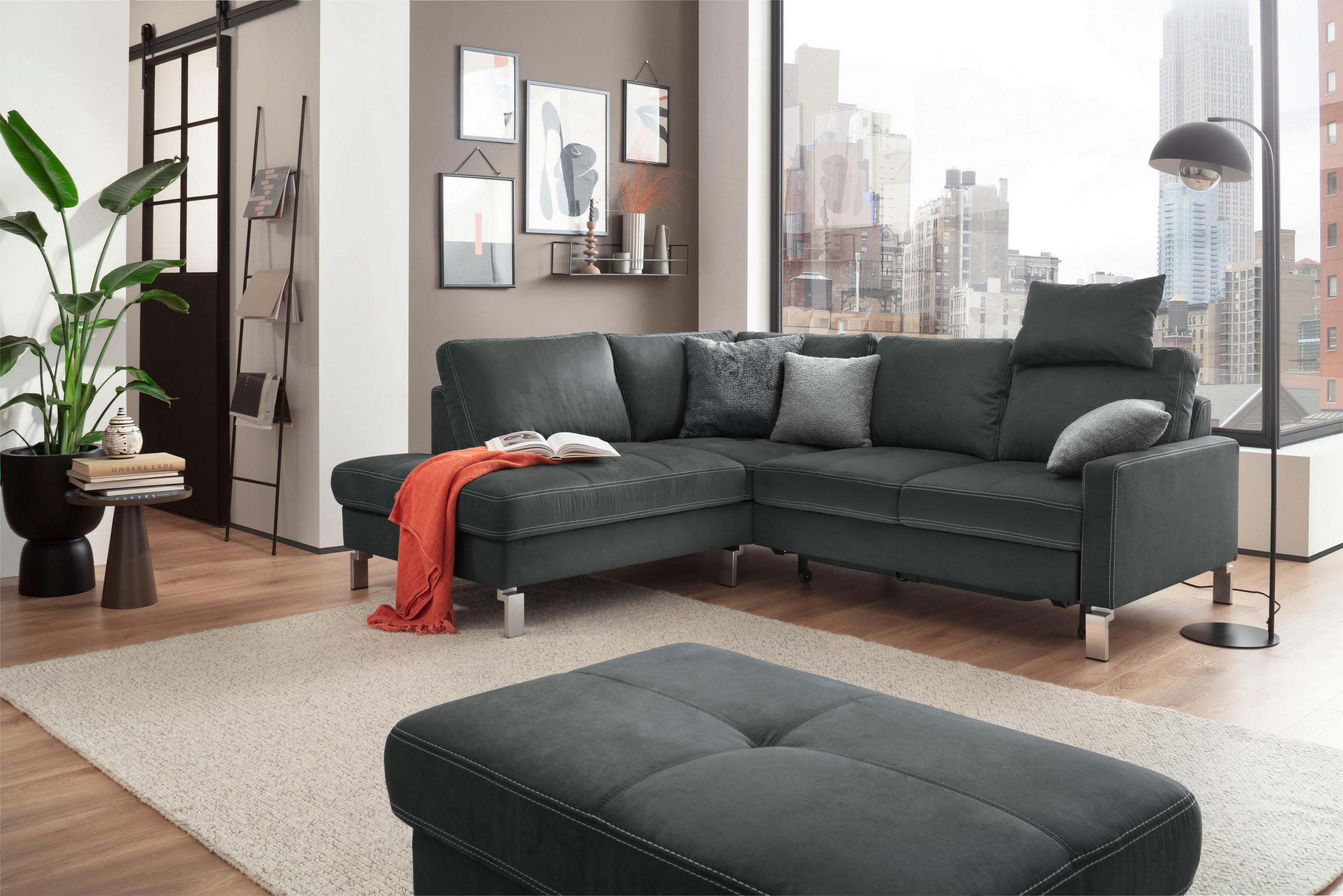 ECKSOFA in Mikrofaser Dunkelgrau  - Chromfarben/Dunkelgrau, Design, Textil/Metall (229/200cm) - Pure Home Lifestyle