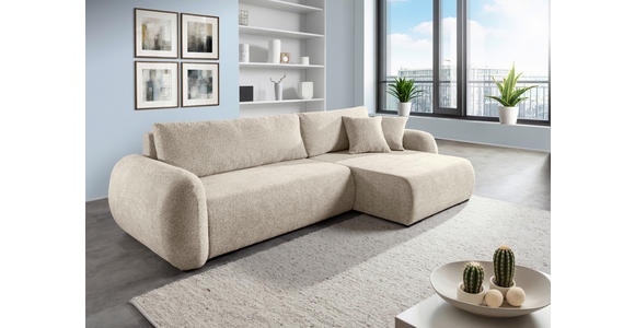 ECKSOFA Beige Flachgewebe Zierkissen, Rückenkissen, Bettkasten, Schlaffunktion, Rücken echt, Liegefläche im Originalstoff  - Beige/Schwarz, KONVENTIONELL, Kunststoff/Textil (145/285cm) - Carryhome