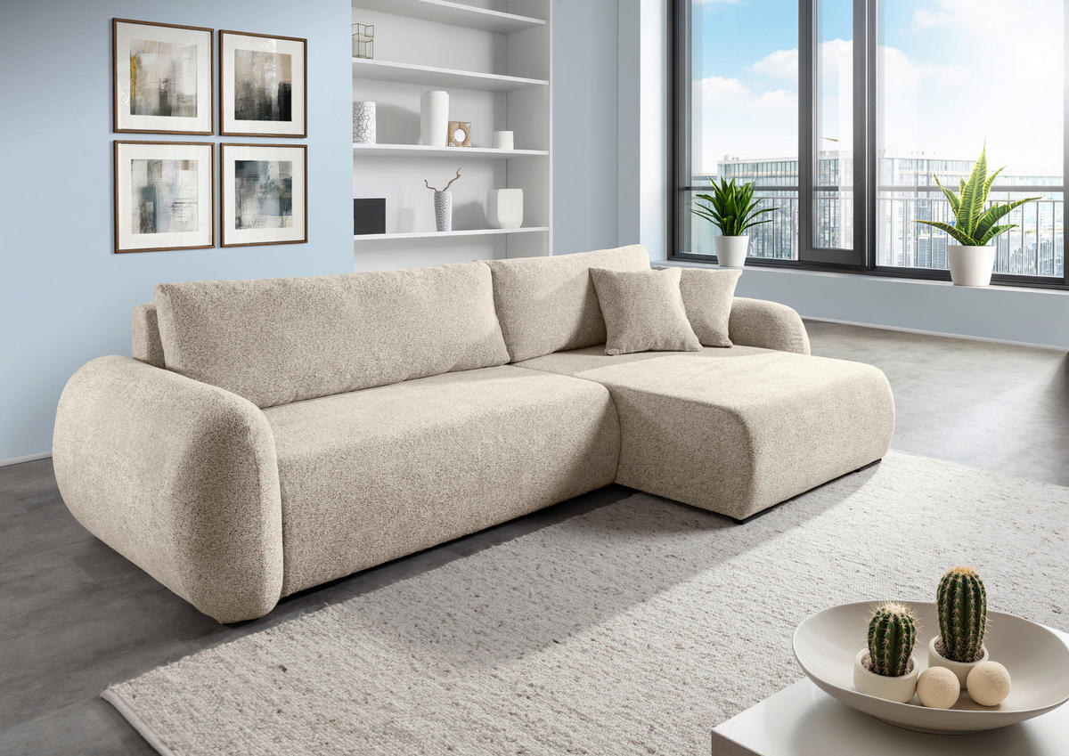 ECKSOFA Beige Flachgewebe Zierkissen, Rückenkissen, Bettkasten, Schlaffunktion, Rücken echt, Liegefläche im Originalstoff  - Beige/Schwarz, KONVENTIONELL, Kunststoff/Textil (145/285cm) - Carryhome