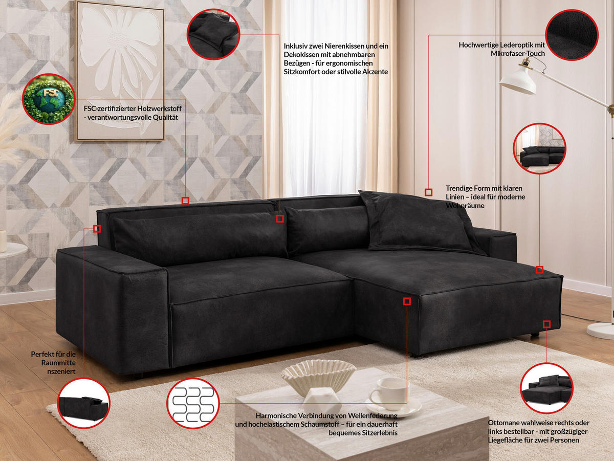 ECKSOFA Curduroy in Lederlook Anthrazit Rückenkissen  251/142 cm  - Anthrazit/Schwarz, Design, Kunststoff/Textil (251/142cm) - P & B