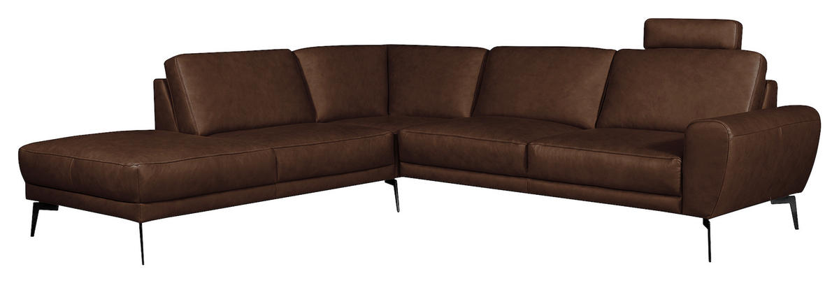 ECKSOFA SPRING Dunkelbraun Echtleder  - Dunkelbraun/Schwarz, Design, Leder/Metall (250/273cm) - Livetastic