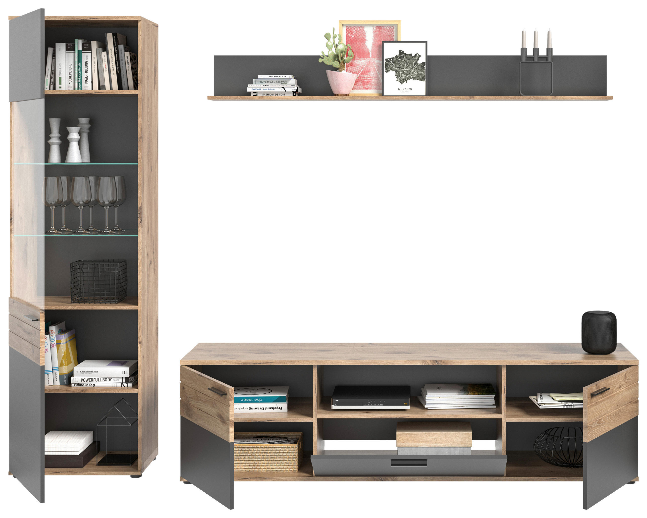 WOHNWAND  in Grau  266/200/47 cm  - Schwarz/Grau, KONVENTIONELL, Glas/Holzwerkstoff (266/200/47cm) - MID.YOU