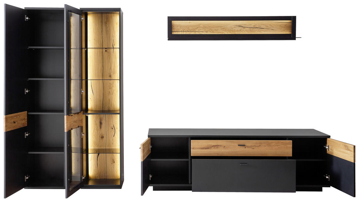 Set Mobilă Living, gri, negru, 305/201/50 cm - negru/gri, Design, sticlă/metal (305/201/50cm) - Novel