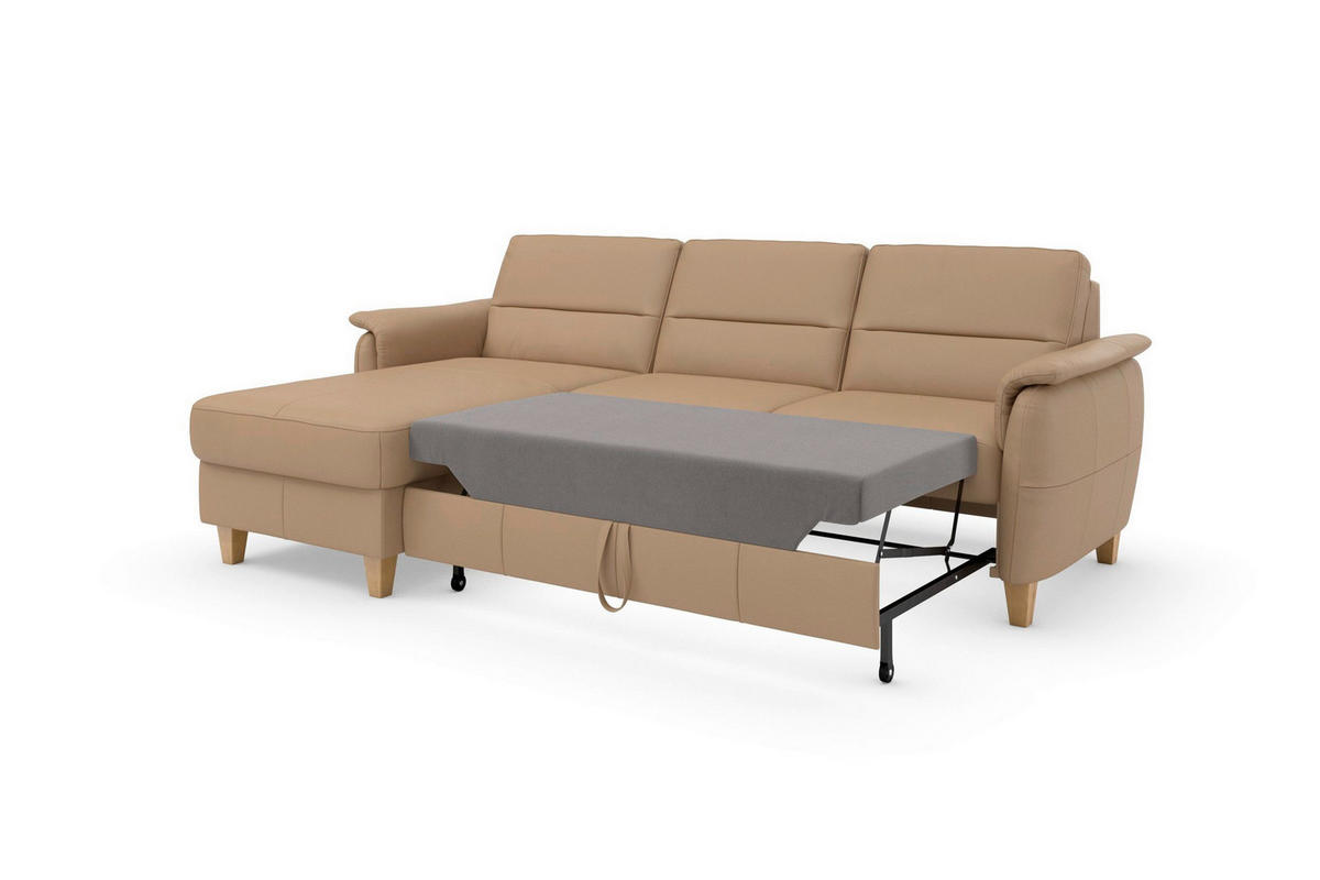 ECKSOFA PALMERA E Cappuccino Kombination Echtleder/Stoff Mikrofaser Bettkasten  - Eichefarben/Cappuccino, Basics, Leder/Holz (163/244cm) - Sit & More