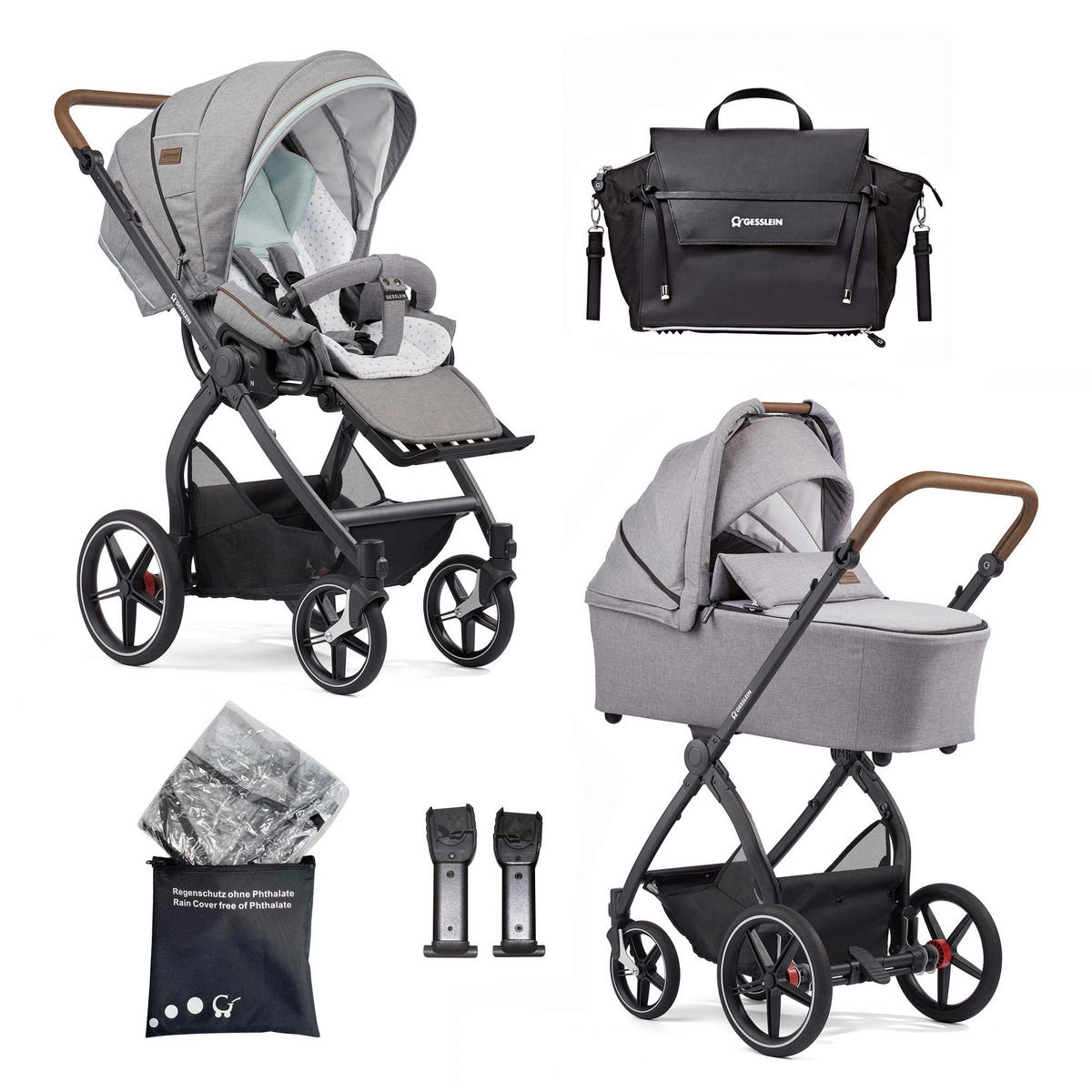 KINDERWAGENSET FX4 Classic  - Hellgrau/Schwarz, Basics, Leder/Textil (57/129/100cm) - Gesslein