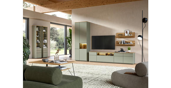 WOHNWAND  in Eichefarben, Schilfgrün  315/215/45 cm  - Schilfgrün/Eichefarben, KONVENTIONELL, Glas/Holzwerkstoff (315/215/45cm) - Venda