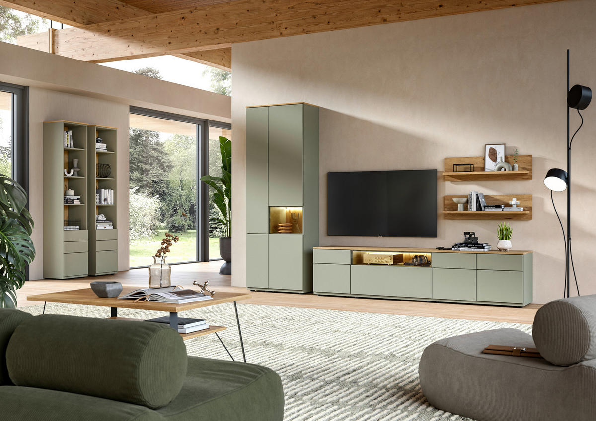 WOHNWAND  in Eichefarben, Schilfgrün  315/215/45 cm  - Schilfgrün/Eichefarben, KONVENTIONELL, Glas/Holzwerkstoff (315/215/45cm) - Venda