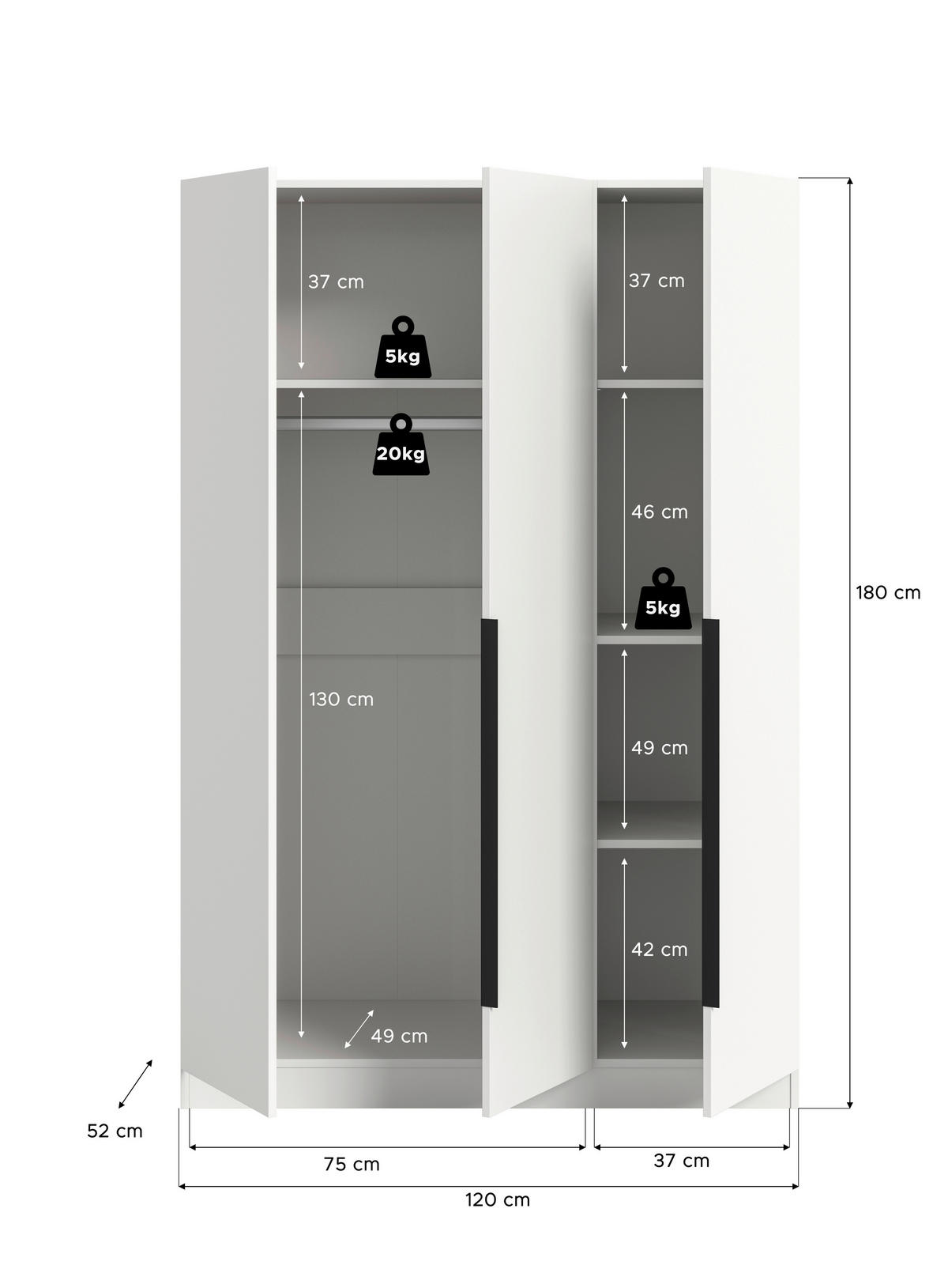 DREHTÜRENSCHRANK  in Weiß  - Schwarz/Weiß, MODERN, Holzwerkstoff (120/181/52cm) - MID.YOU