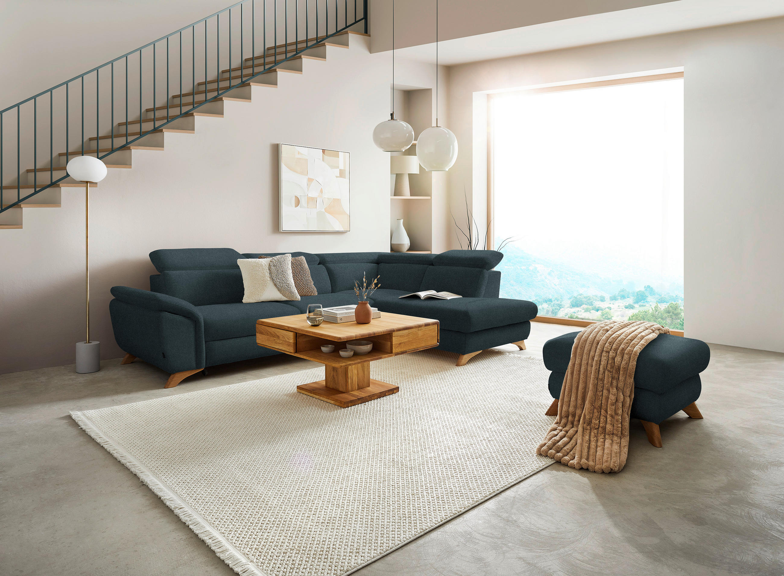 ECKSOFA in Flachgewebe Blau  - Blau/Eichefarben, Modern, Holz/Textil (287/212cm) - Valnatura
