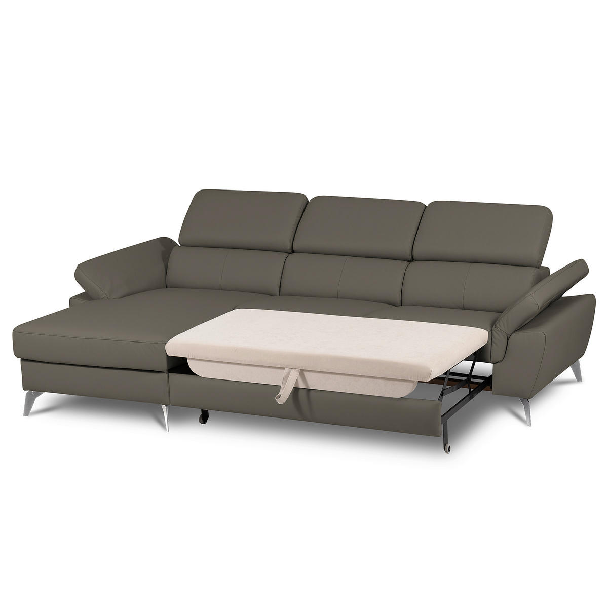 ECKSOFA Schlammfarben Echtleder Lederlook Bettkasten, Schlaffunktion, Rücken echt, Armteilverstellung, Kopfteilverstellung  - Chromfarben/Schlammfarben, Design, Leder/Textil (179/252cm) - Livetastic