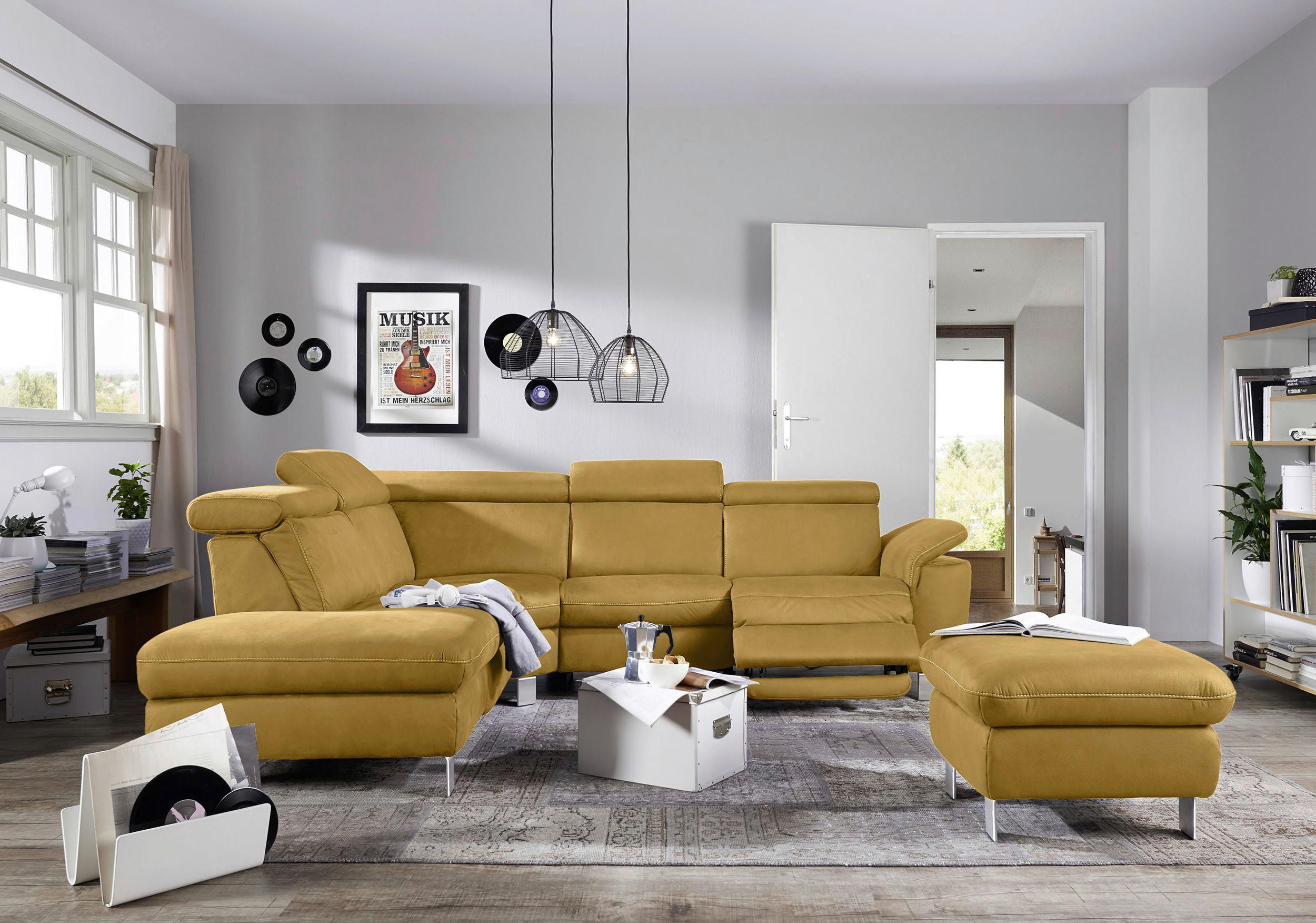 ECKSOFA in Flachgewebe, Mikrofaser Bernsteinfarben  - Beige/Bernsteinfarben, Design, Textil/Metall (239/271cm) - Cantus