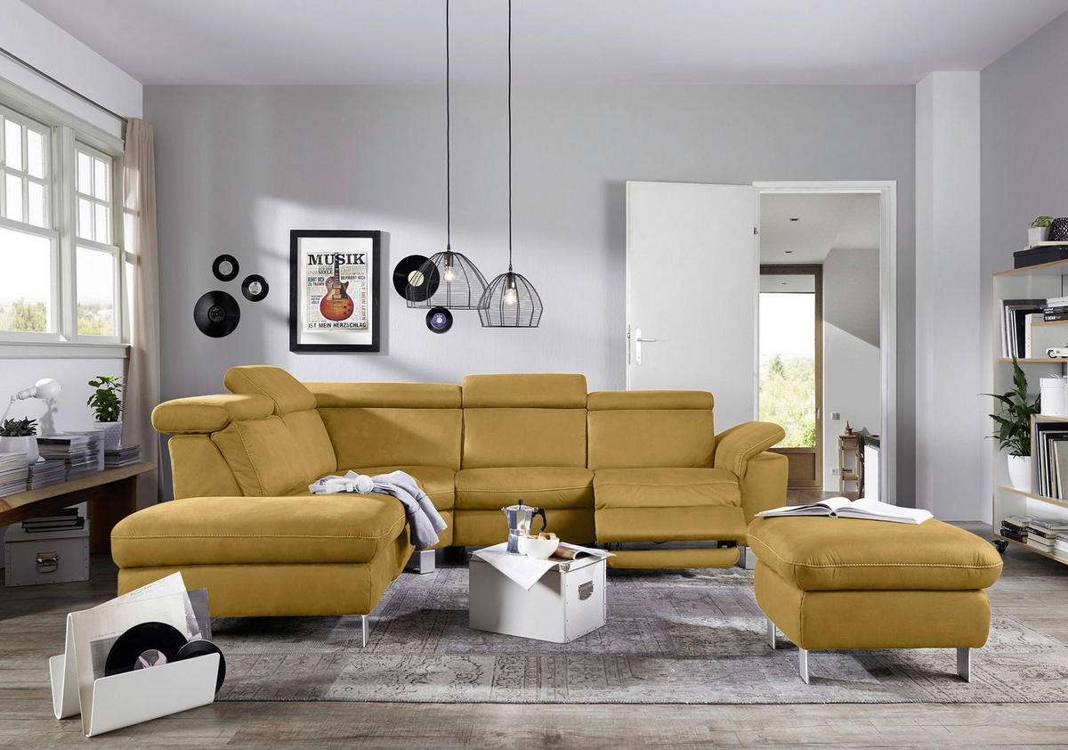 ECKSOFA in Flachgewebe, Mikrofaser Bernsteinfarben  - Beige/Bernsteinfarben, Design, Textil/Metall (239/271cm) - Cantus