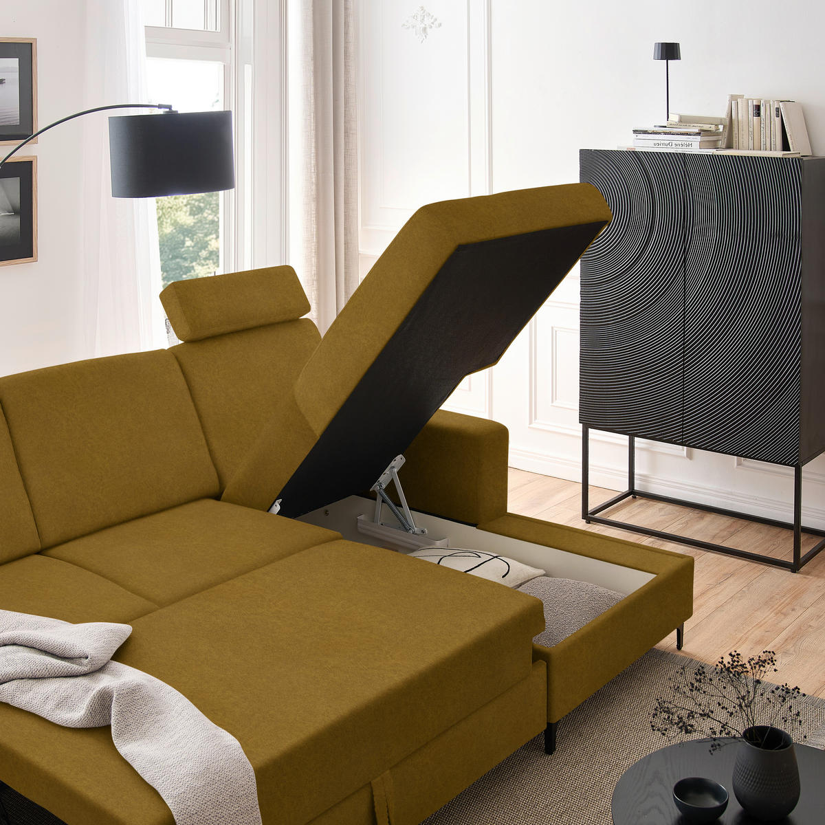 ECKSOFA in Velours Gelb  - Gelb/Schwarz, Konventionell, Textil/Metall (247/167cm) - Stylife