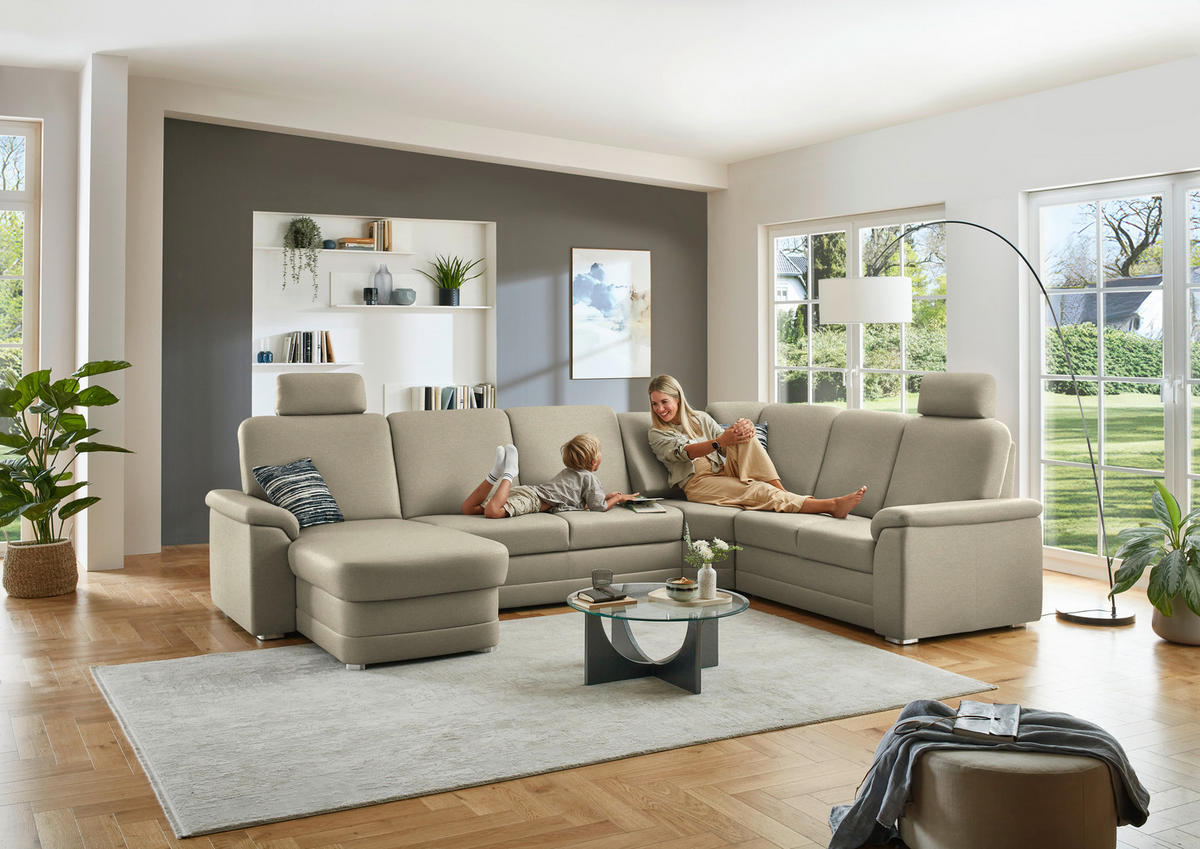 WOHNLANDSCHAFT  in Chenille Sandfarben  - Sandfarben/Alufarben, KONVENTIONELL, Holz/Textil (160/329/235cm) - Beldomo Comfort