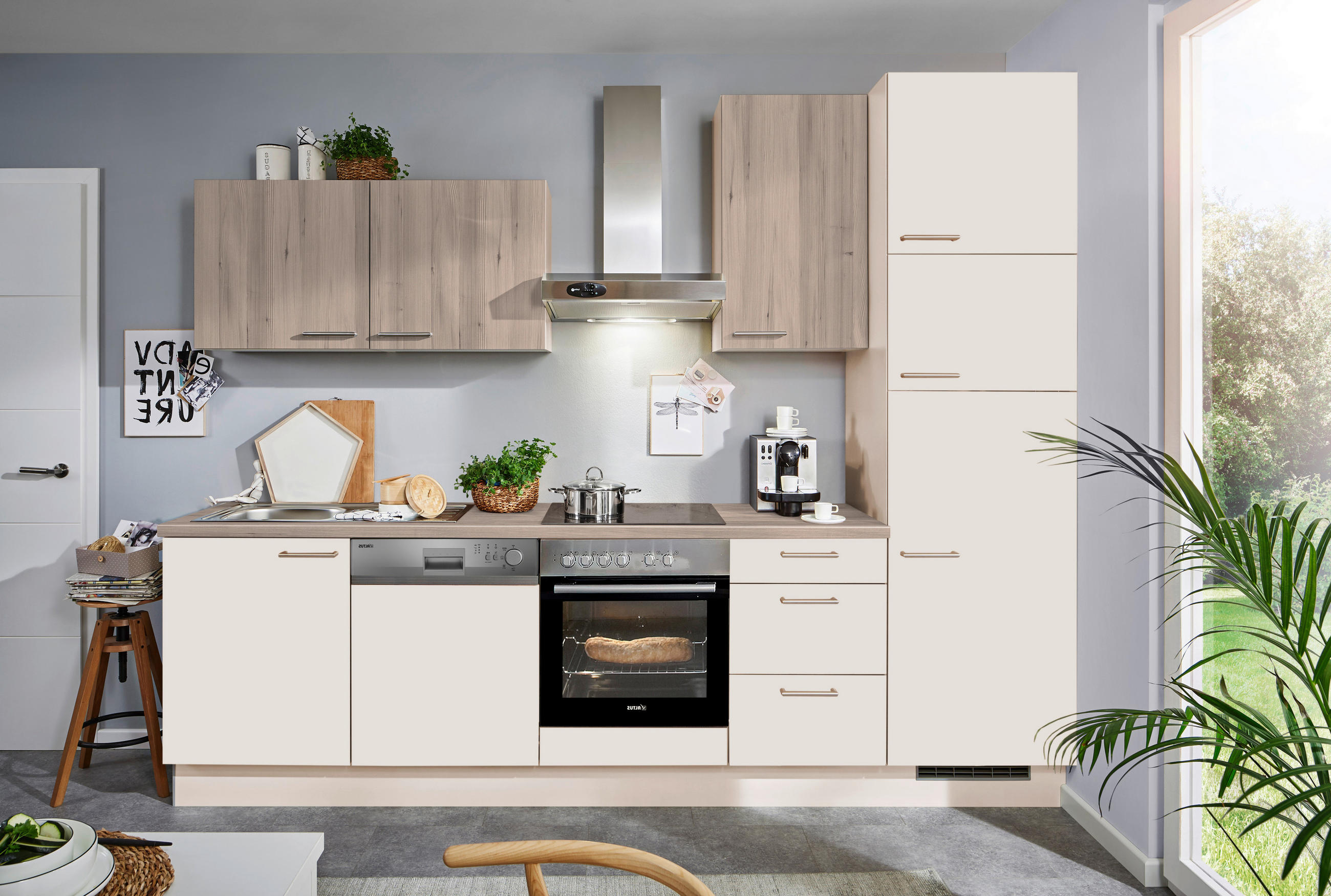 KÜCHENBLOCK 290 cm   in Magnolie  - Edelstahlfarben/Magnolie, KONVENTIONELL, Holzwerkstoff/Metall (290cm) - Xora