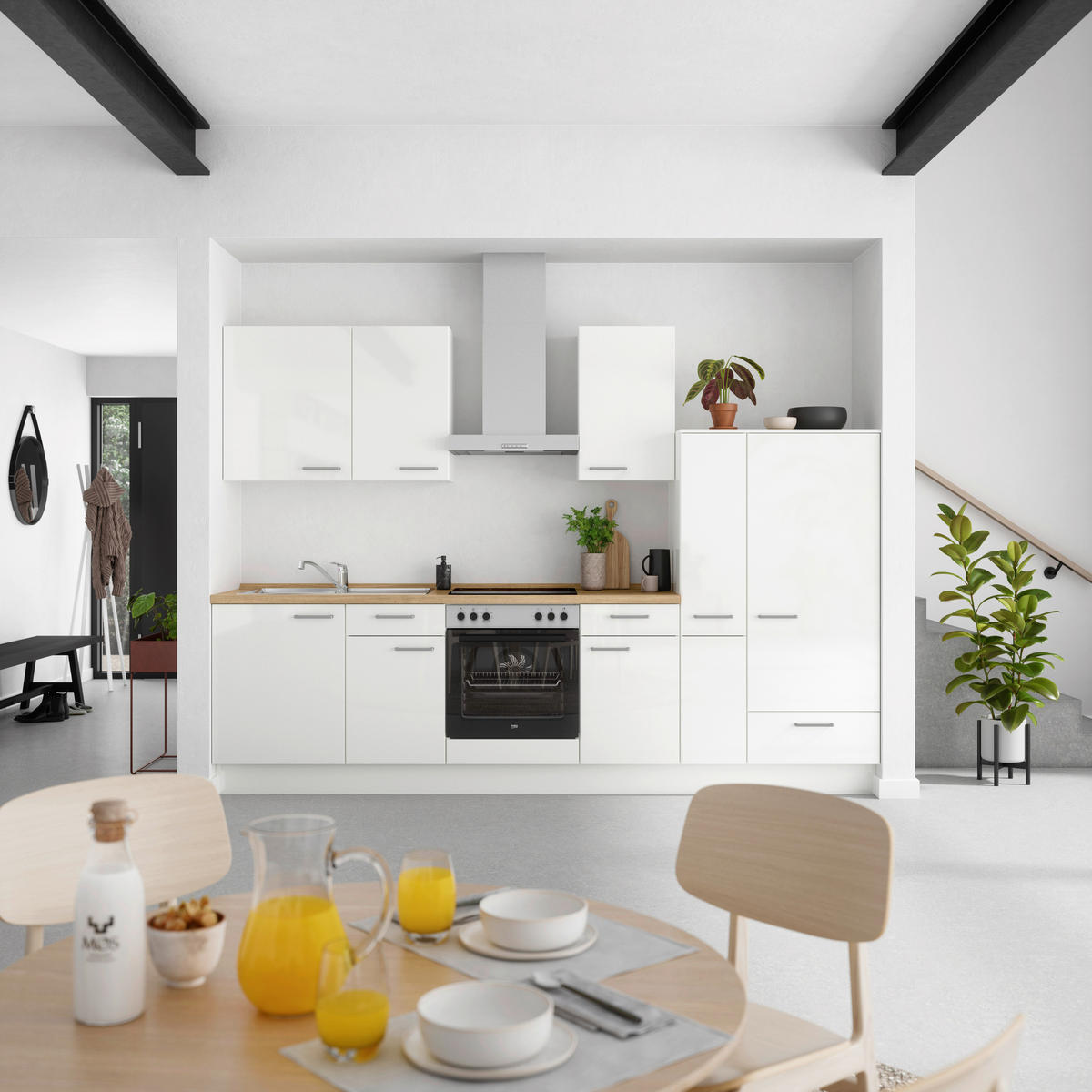 KÜCHENLEERBLOCK 300 cm   in Eichefarben, Weiß Hochglanz  - Edelstahlfarben/Eichefarben, MODERN, Holzwerkstoff/Metall (300cm) - Nobilia