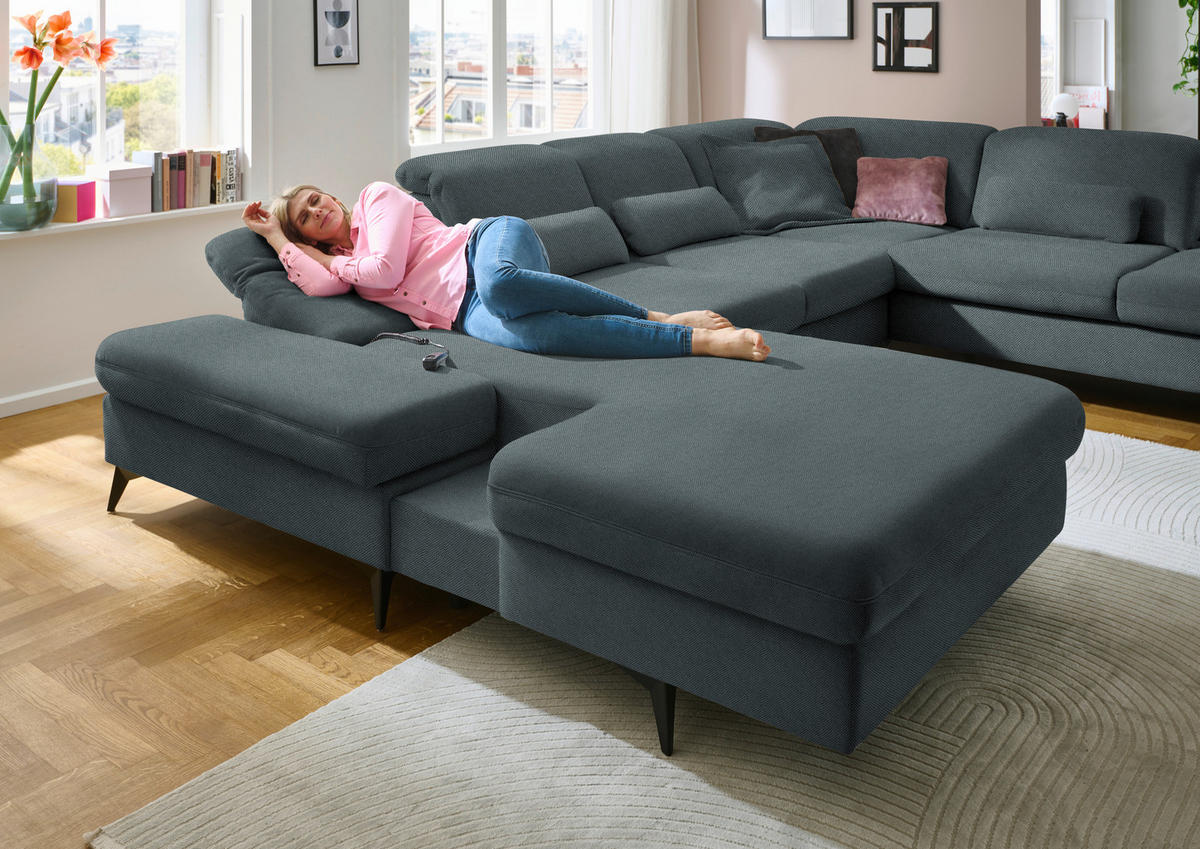 WOHNLANDSCHAFT  in Chenille Blau  - Blau/Schwarz, Design, Textil/Metall (198/364/255cm) - Beldomo Style